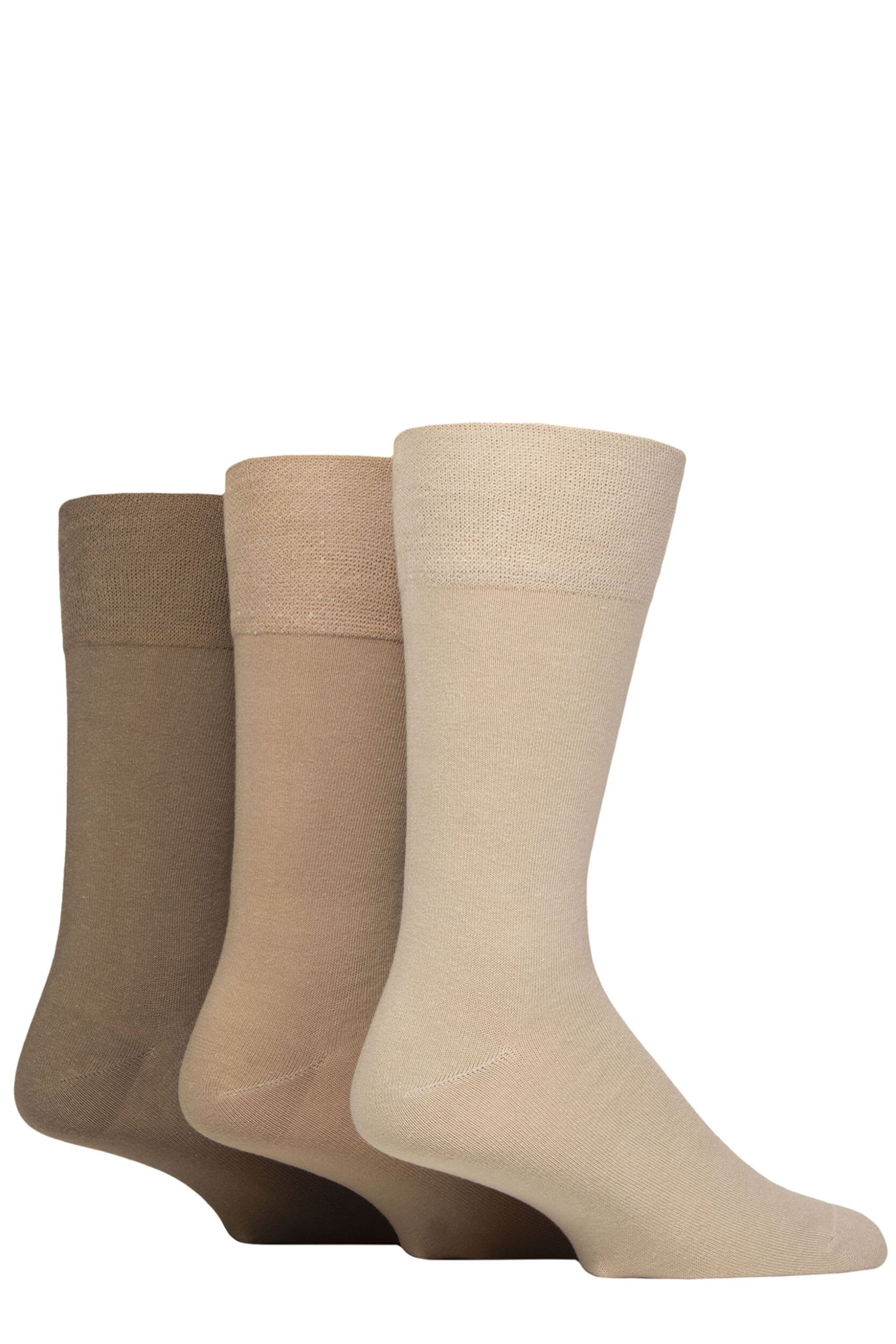 Image of Mens 3 Pair Glenmuir Dunvegan Comfort Cuff Plain Cotton Socks Beige 7-11 Mens