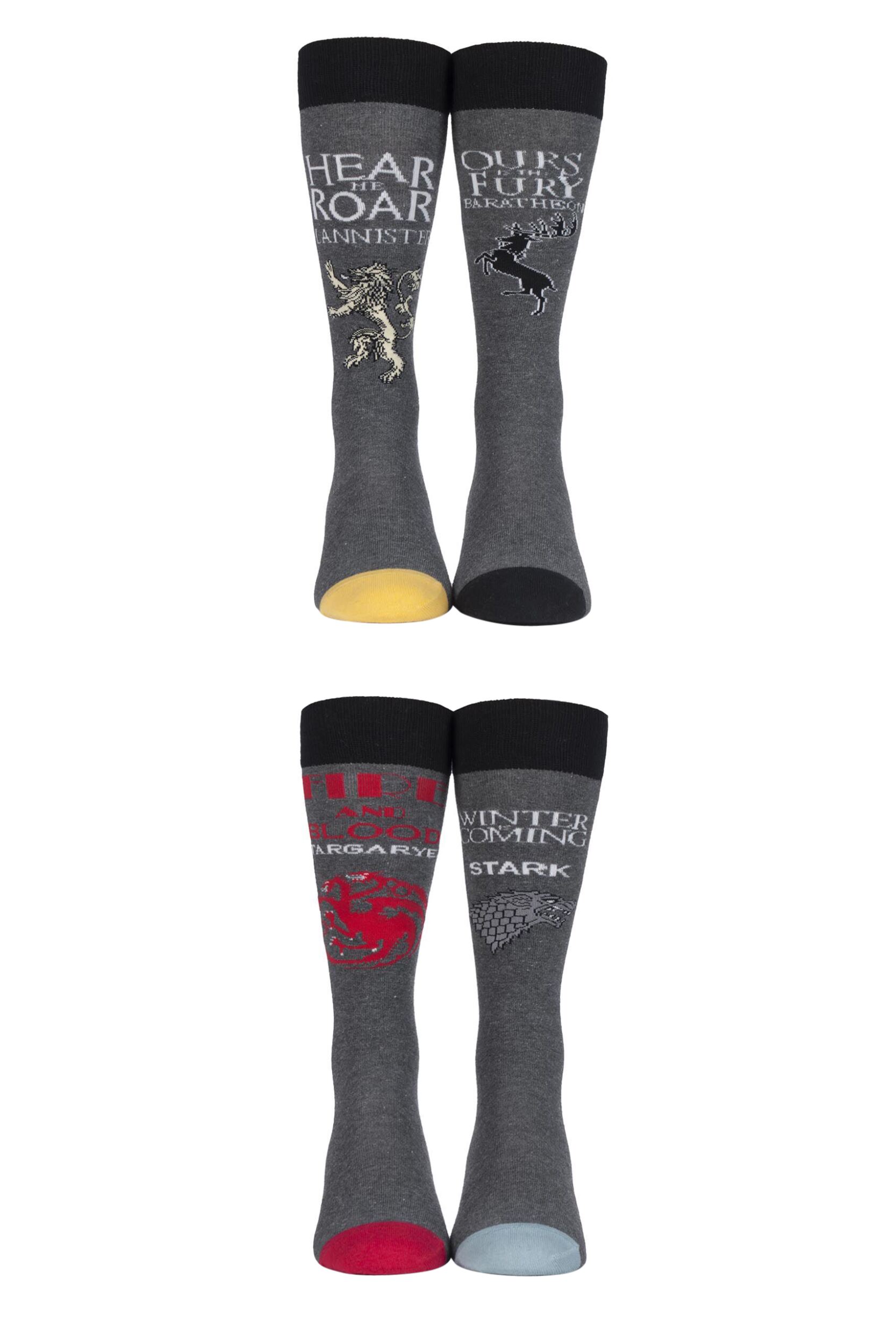 4 Pair Grey Game of Thrones Houses Targaryen, Stark, Lannister and Baratheon Socks Unisex 11-14 Unisex - Film & TV Characters