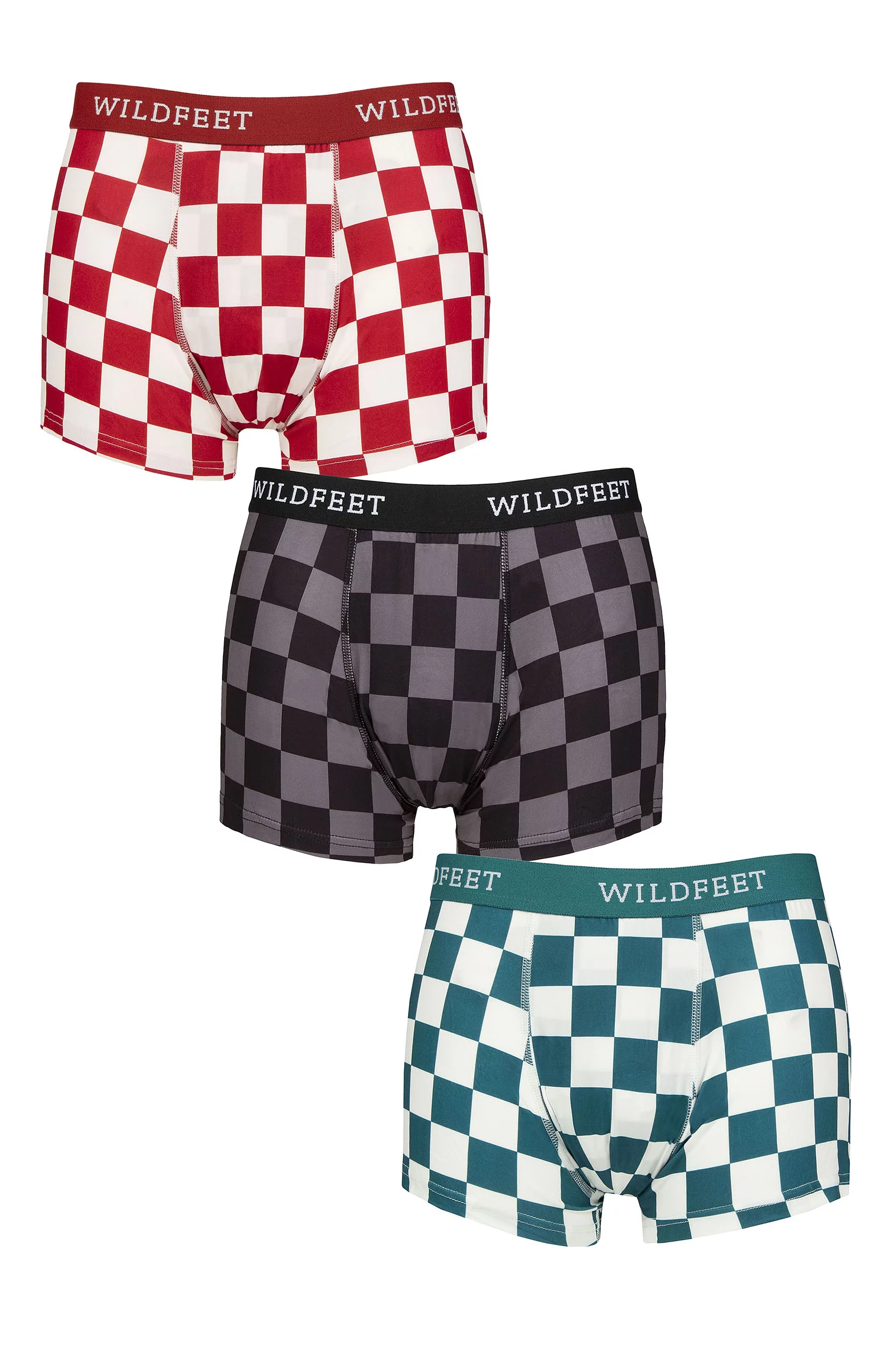 Mens 3 Pack SOCKSHOP Wildfeet Patterned Trunks Checkers Black / Red / Teal