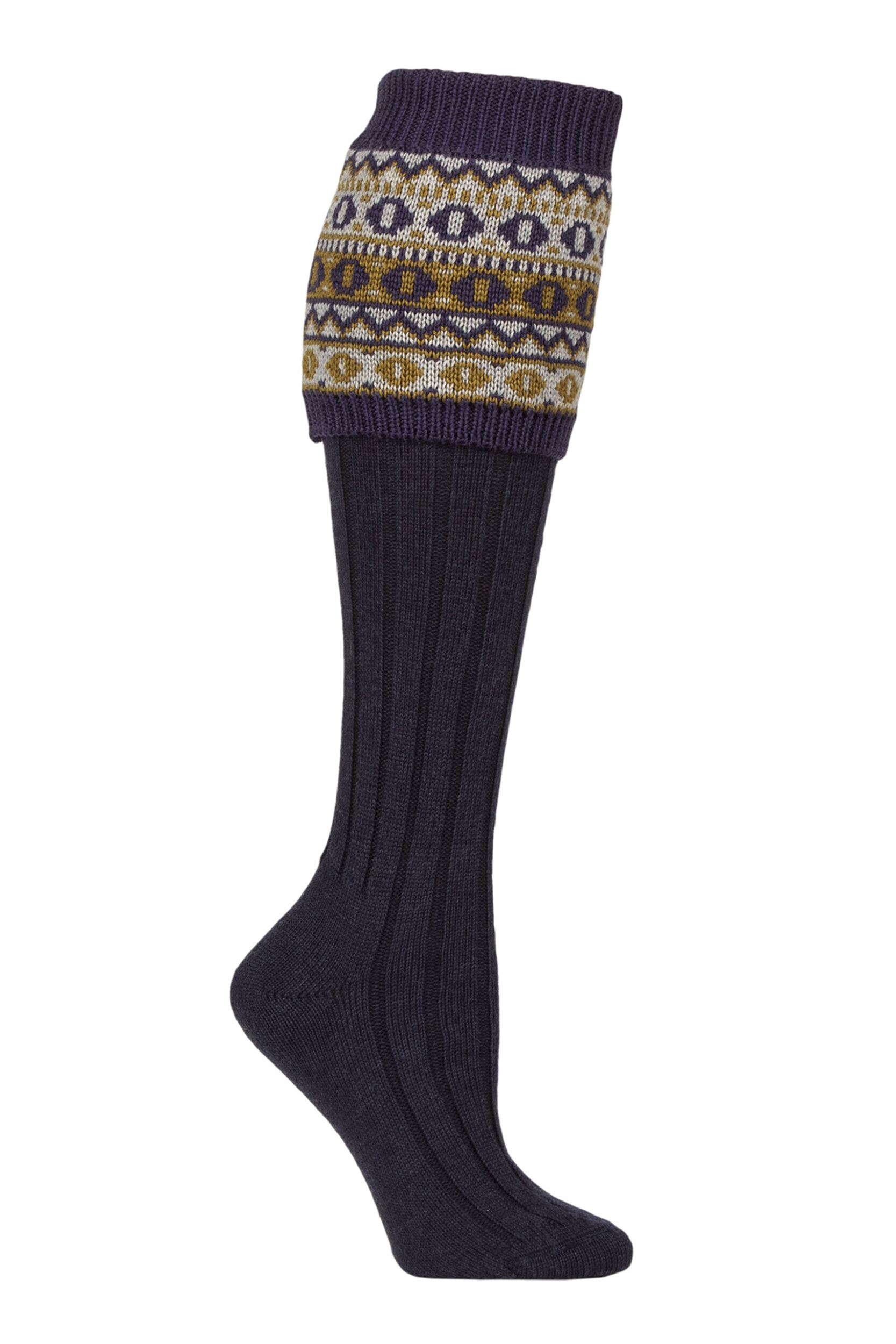 1 Pair Navy UK Made Fairisle Merino Wool Shooting Knee High Socks Ladies 4-7 Ladies - HJ Hall