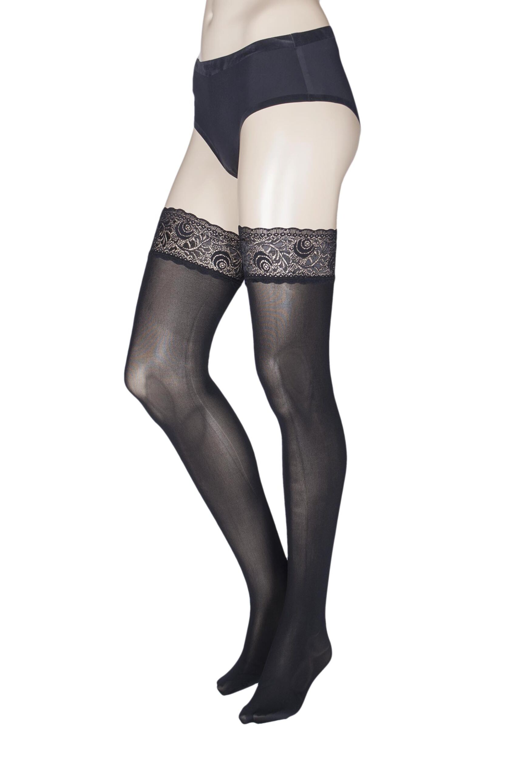 Image of Pair Black Ilaria  Denier Seamless Hold Ups Ladies Large/Extra Large - Trasparenze