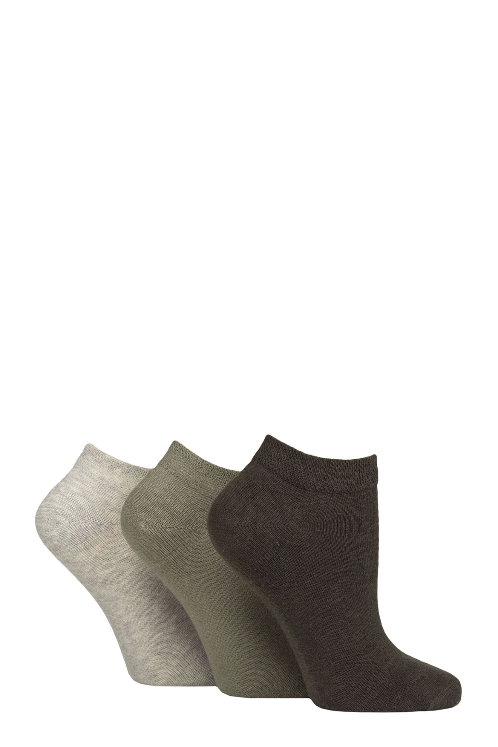 Image of Women's 3 Pair IOMI FootNurse Gentle Grip Diabetic Cotton Trainer Socks Khaki / Forest / Cream / Grey 4-8