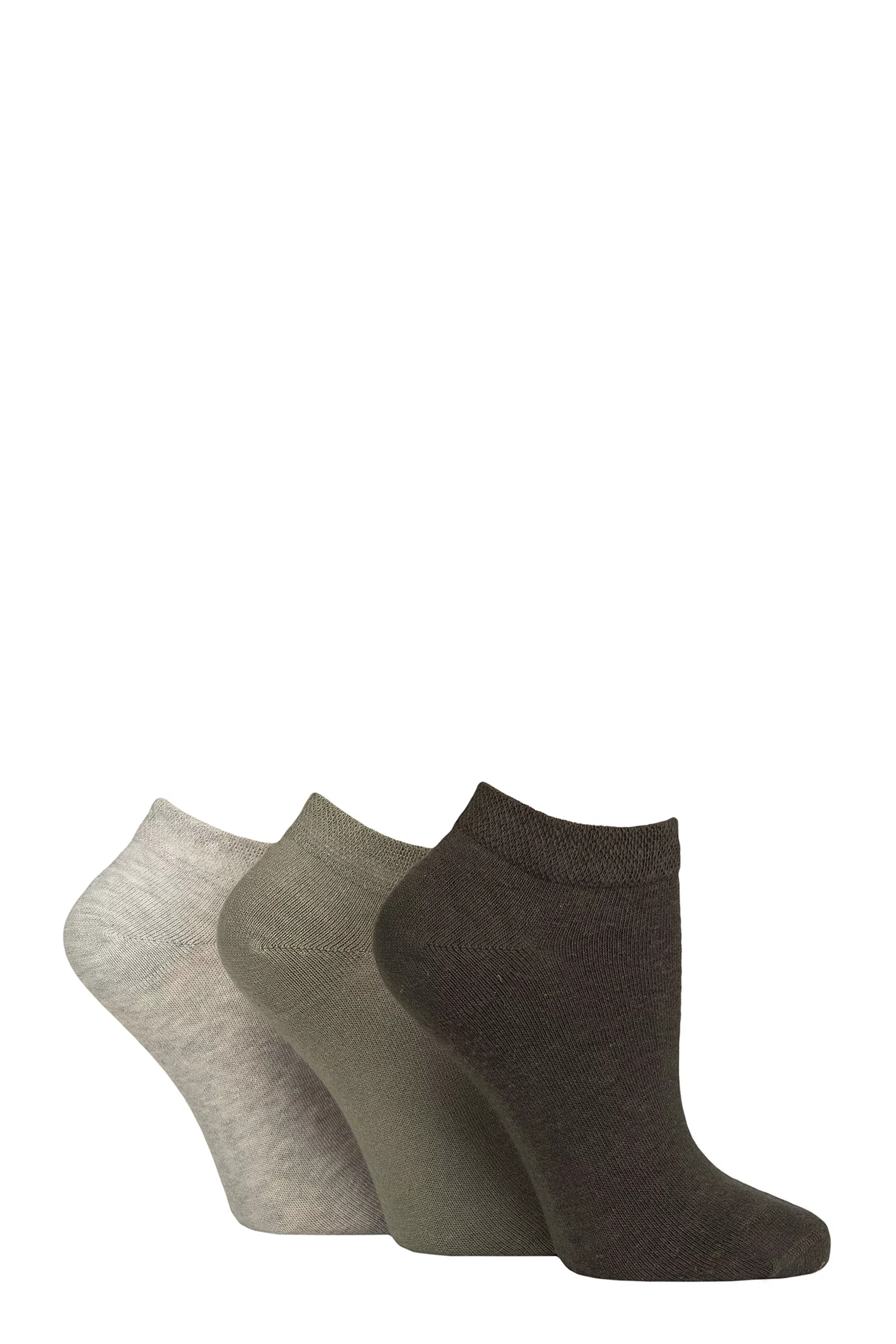 Women's 3 Pair IOMI FootNurse Gentle Grip Diabetic Cotton Trainer Socks Khaki / Forest / Cream / Grey 4