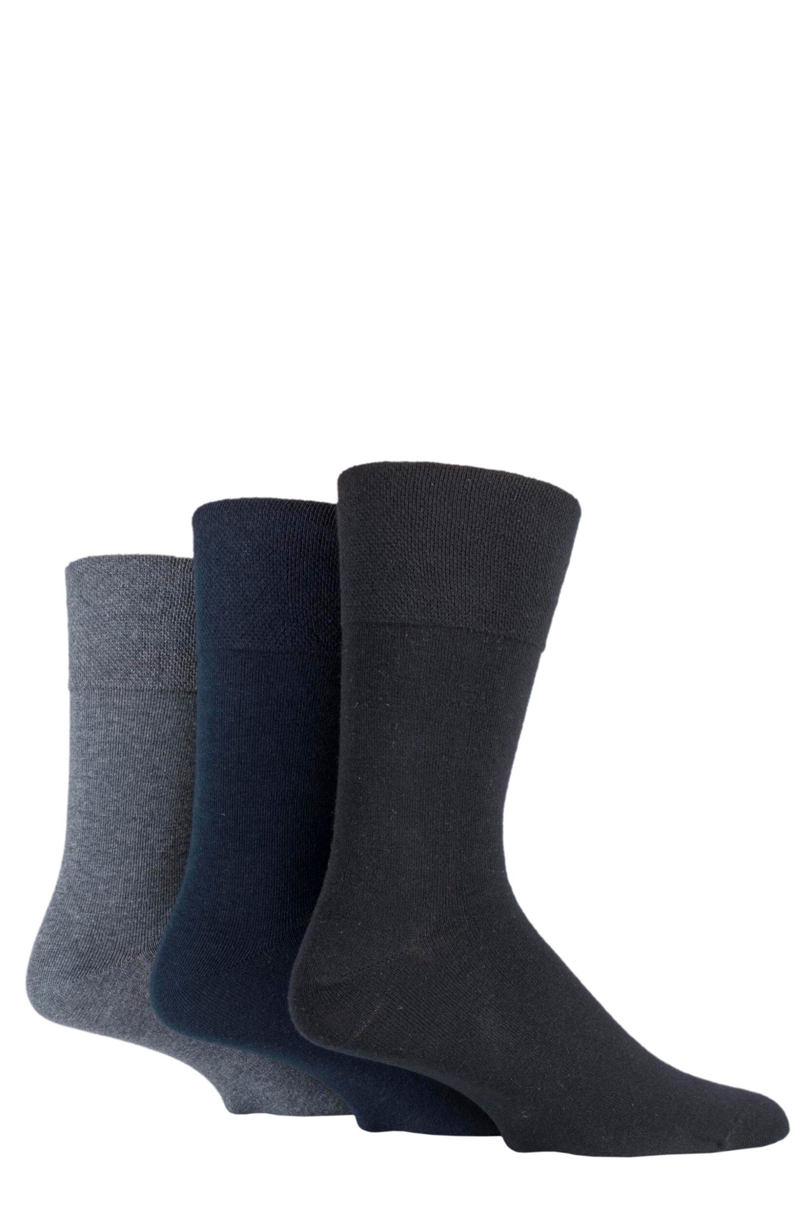 Image of Mens3 Pair IOMI FootNurse Gentle Grip Bamboo Diabetic Socks Black / Navy / Grey 6-11