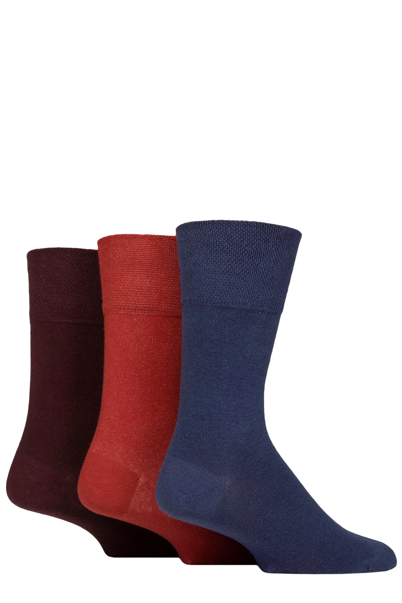 Mens 3 Pair IOMI FootNurse Gentle Grip Diabetic Socks Burnt Orange / Sapphire Blue / Dark Burgundy 12