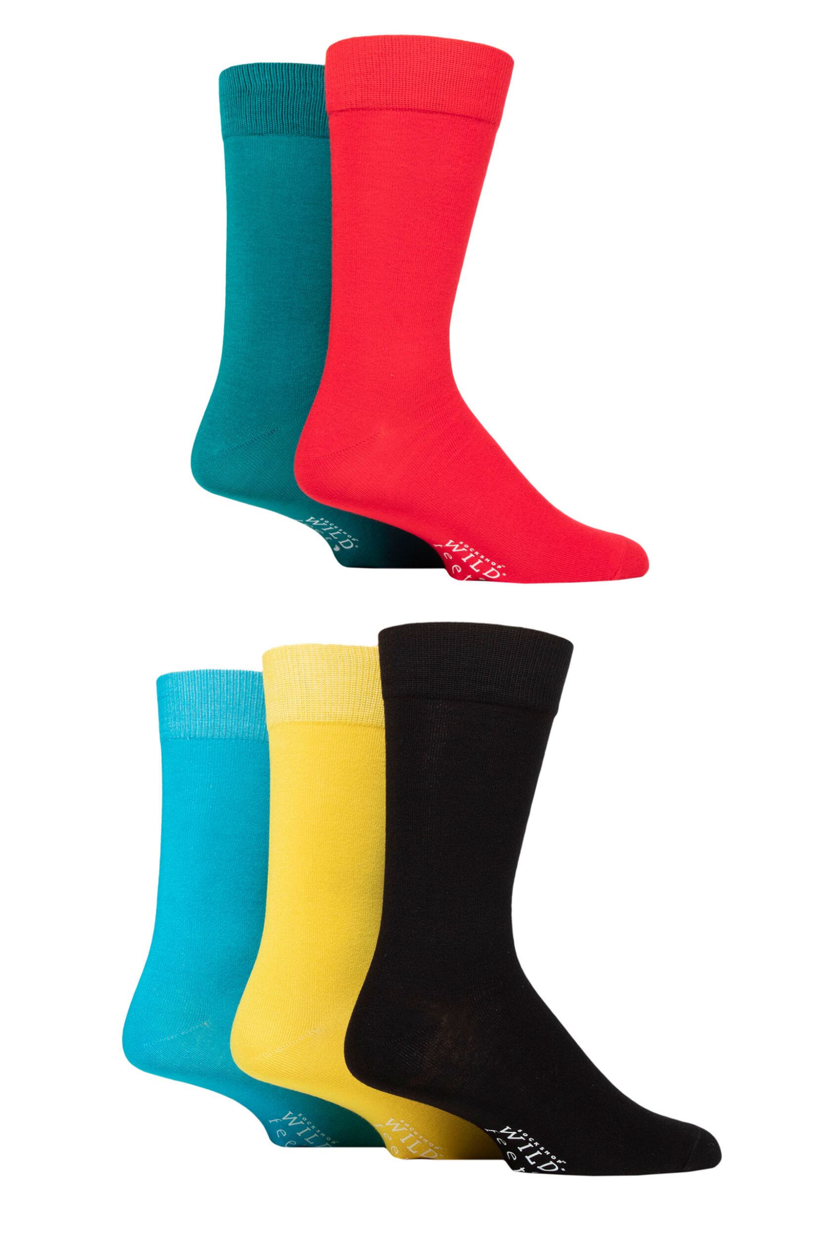 Mens 5 Pair SOCKSHOP Wildfeet Plain Bamboo Socks Red / Teal / Black / Yellow / Blue 7-11 Mens