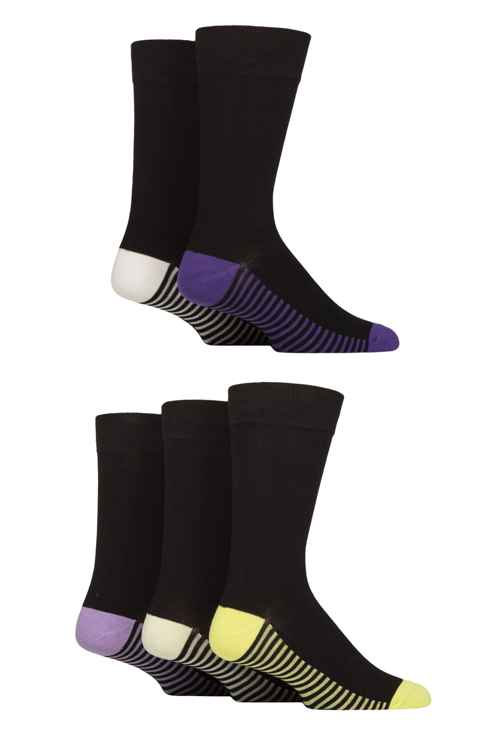 Mens 5 Pair SOCKSHOP Wildfeet Bamboo Patterned Socks Striped Sole Purple / White / Lime 7-11 Mens