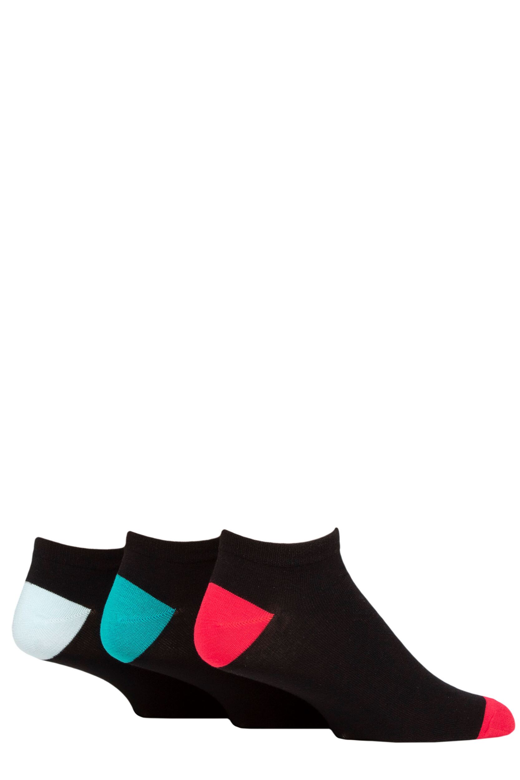 Mens 3 Pair SOCKSHOP Wildfeet Bamboo Trainer Socks Black Red / Teal / Blue Heel & Toe 7-11 Mens