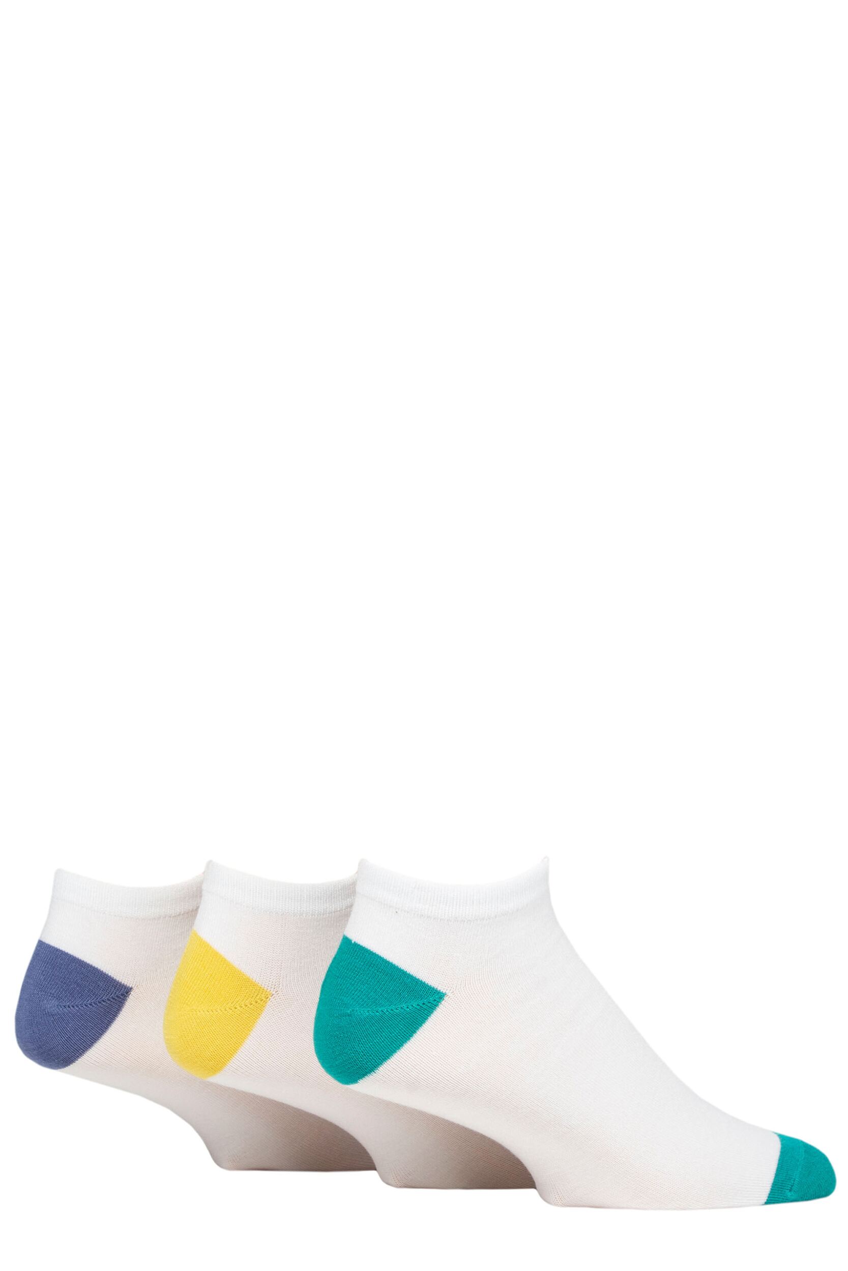 Mens 3 Pair SOCKSHOP Wildfeet Bamboo Trainer Socks White Green / Yellow / Denim Heel & Toe 7-11 Mens