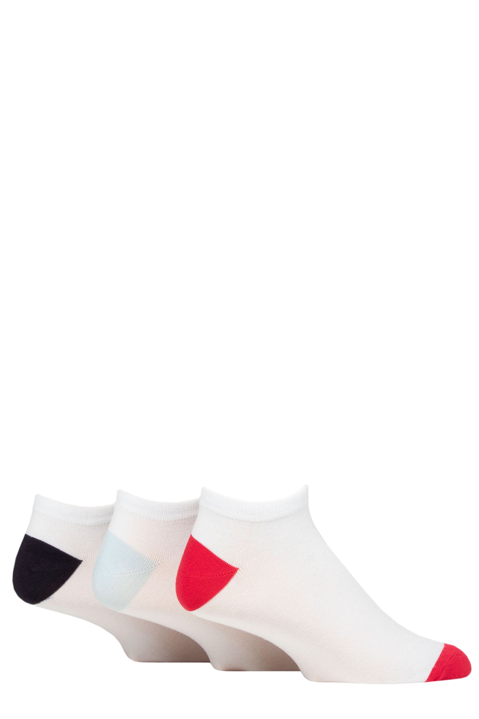 Mens 3 Pair SOCKSHOP Wildfeet Bamboo Trainer Socks White Black / Blue / Red Heel & Toe 7-11 Mens