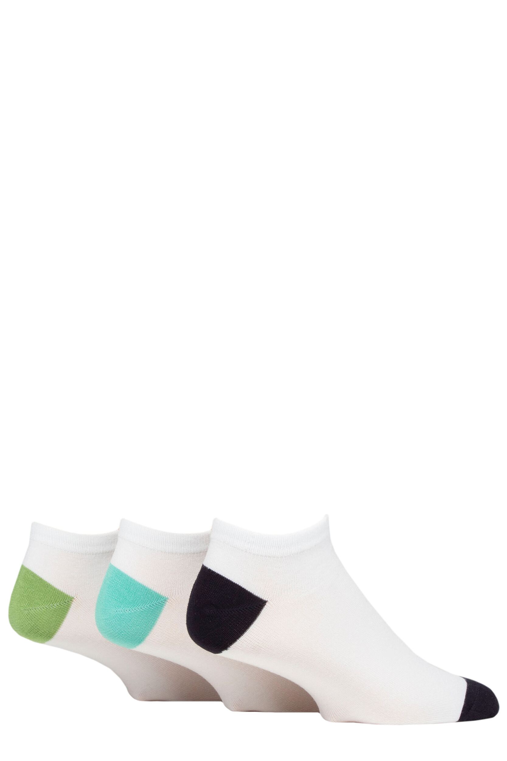 Mens 3 Pair SOCKSHOP Wildfeet Bamboo Trainer Socks White Navy / Aqua / Green Heel & Toe 7-11 Mens