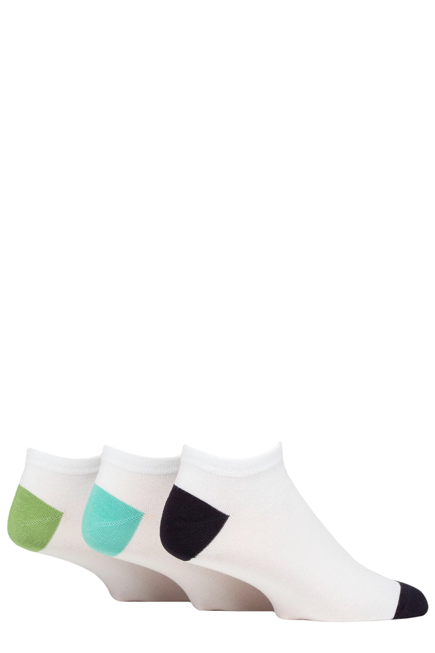 Mens 3 Pair SOCKSHOP Wildfeet Bamboo Trainer Socks White Navy / Aqua / Green Heel & Toe 7-11 Mens