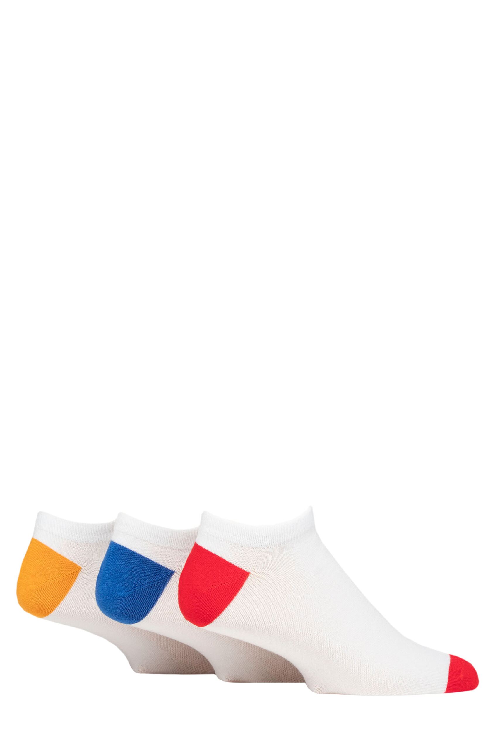 Mens 3 Pair SOCKSHOP Wildfeet Bamboo Trainer Socks White Red / Blue / Orange Heel & Toe 7-11 Mens
