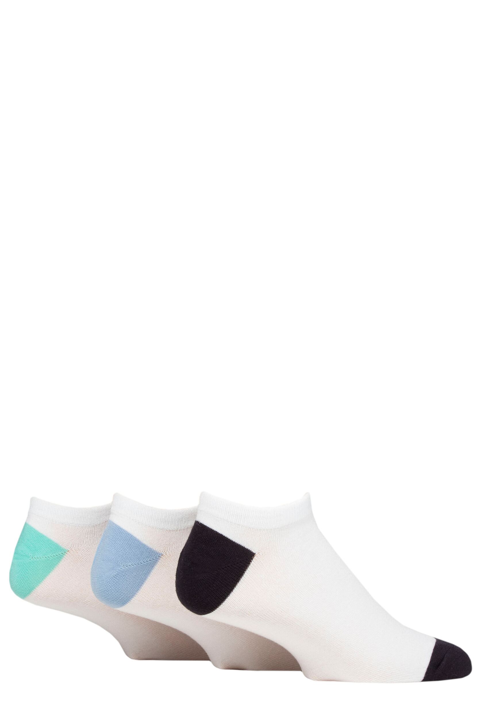 Mens 3 Pair SOCKSHOP Wildfeet Bamboo Trainer Socks White Navy / Light Blue / Mint Heel & Toe 7-11 Mens