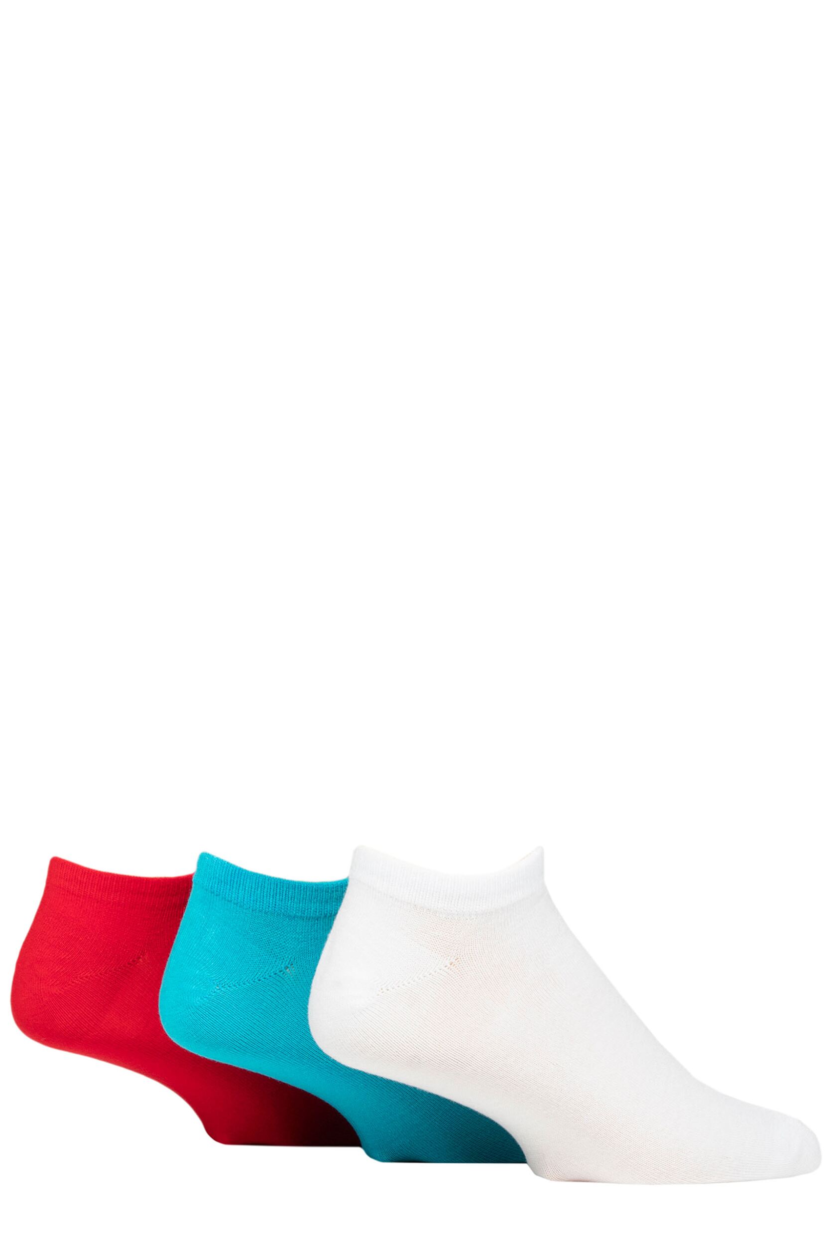 Mens 3 Pair SOCKSHOP Wildfeet Bamboo Trainer Socks White / Teal / Red Plain 7-11 Mens