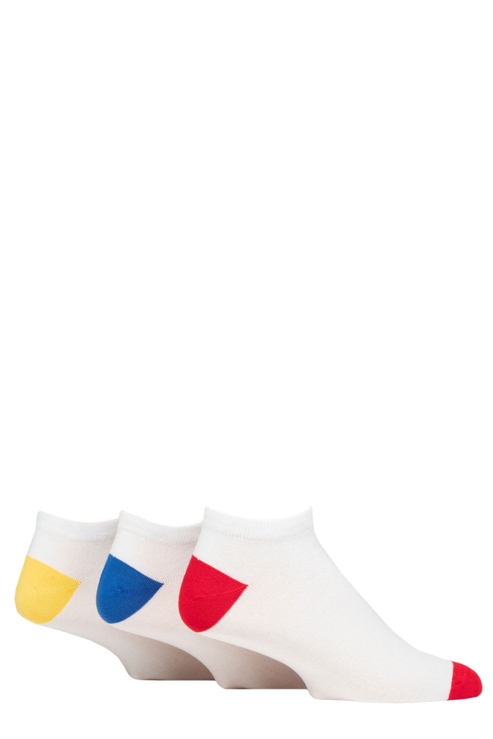 Mens 3 Pair SOCKSHOP Wildfeet Bamboo Trainer Socks White Red / Blue / Yellow Heel & Toe 7-11 Mens
