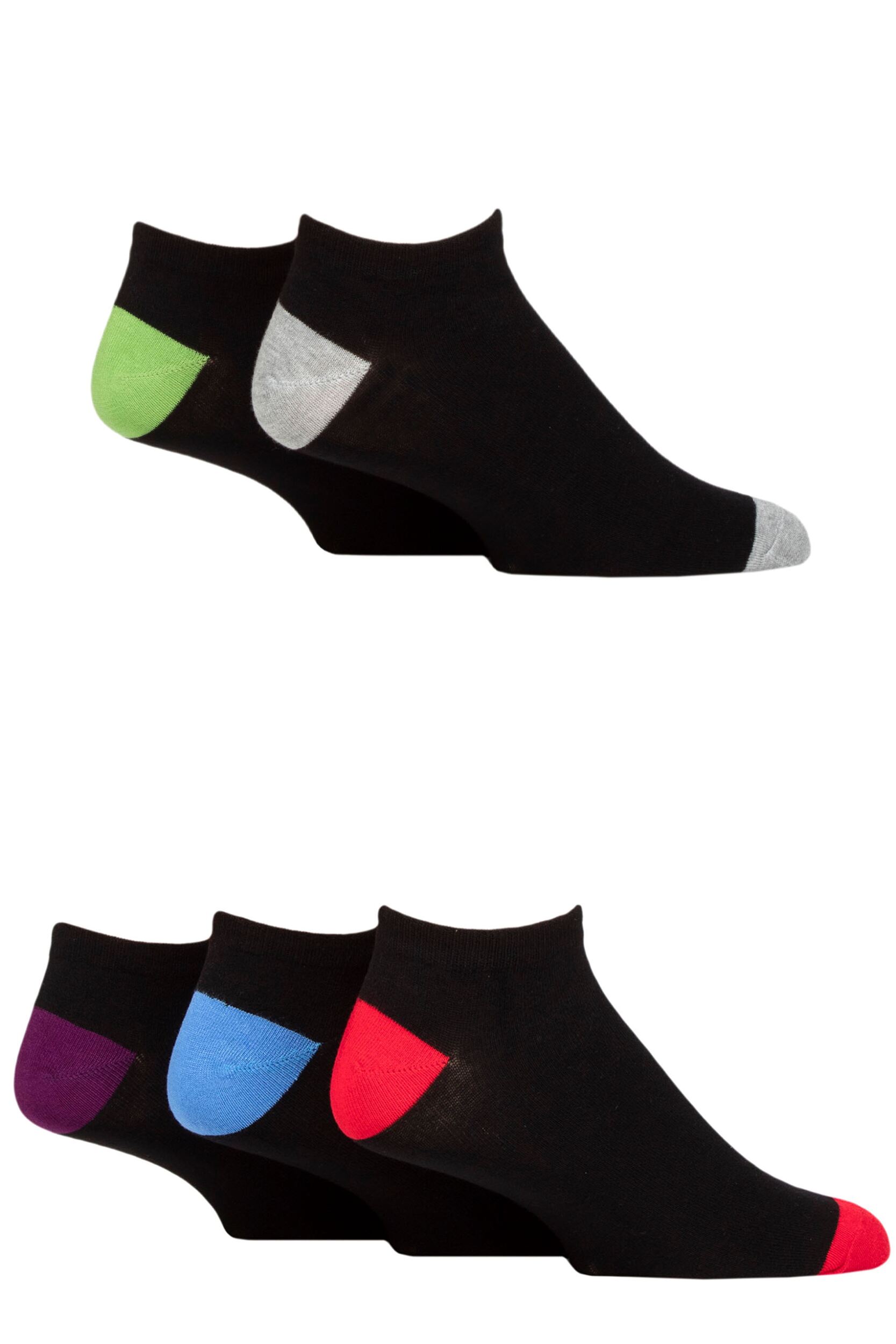 Image of Mens 5 Pair SOCKSHOP Wildfeet Bamboo Trainer Socks Black Purple Heel & Toe 7-11 Mens
