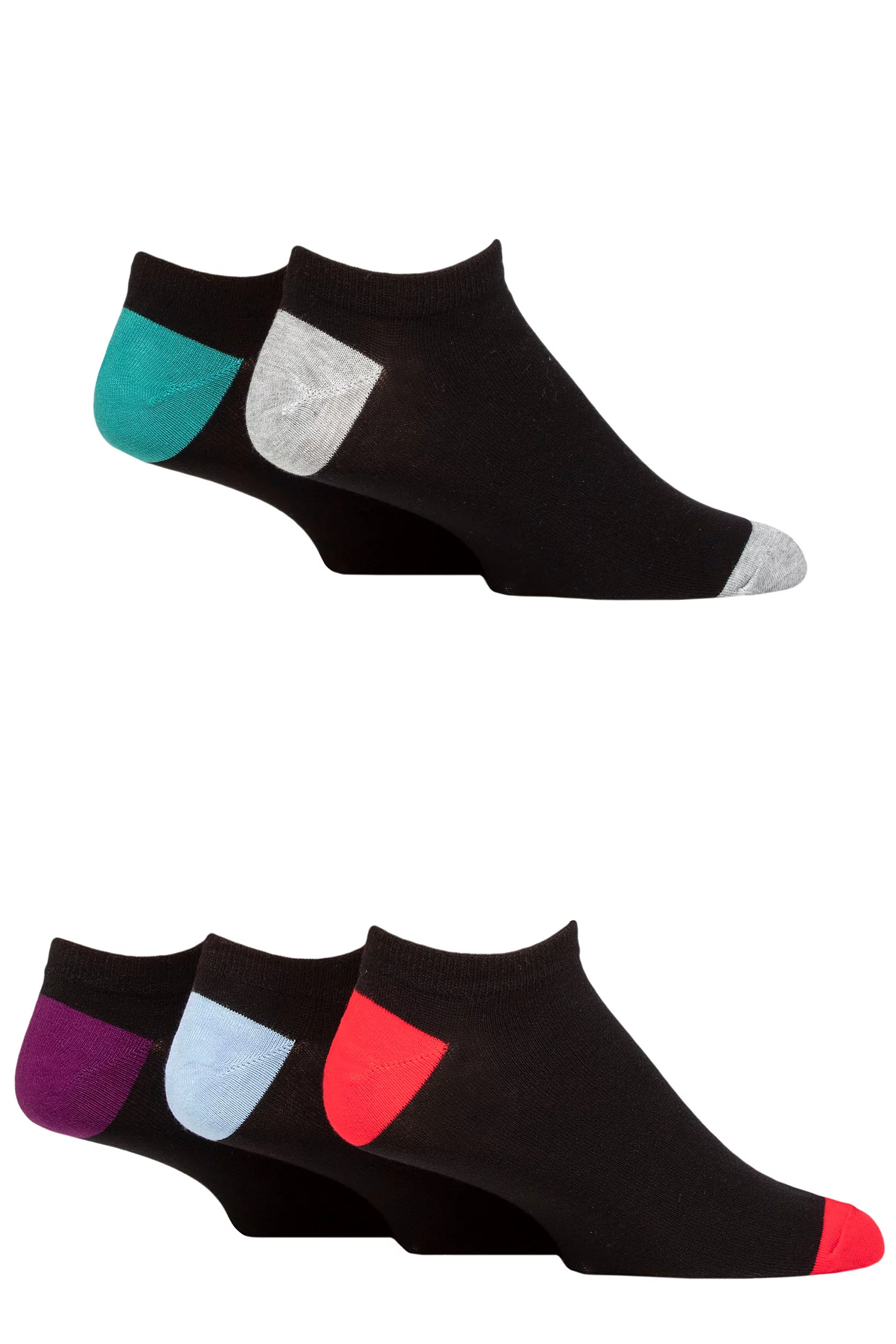Mens 5 Pair SOCKSHOP Wildfeet Bamboo Trainer Socks Black Green Heel & Toe 7-11 Mens