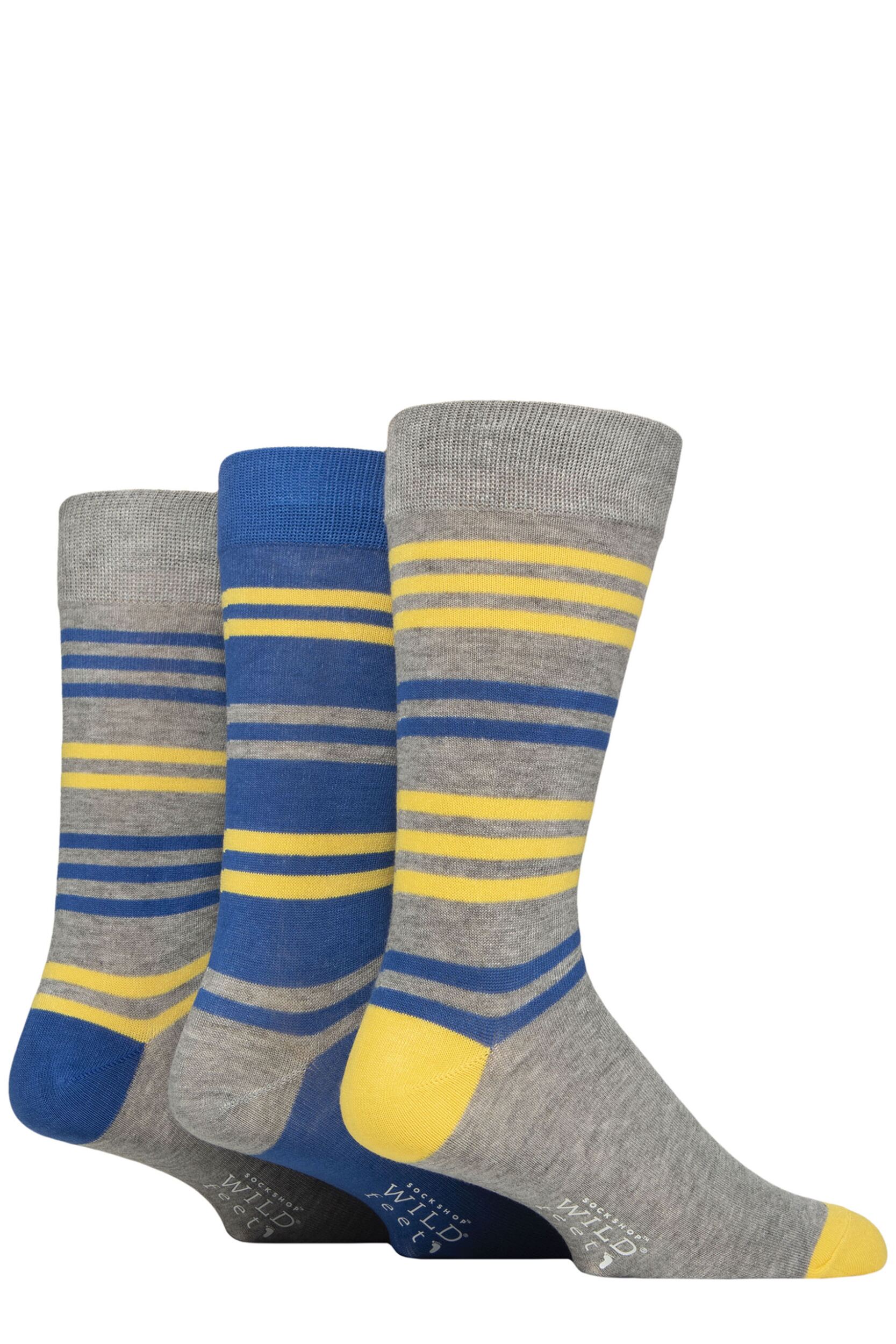 Image of Mens 3 Pair SOCKSHOP Wildfeet Patterned Spots and Stripes Bamboo Socks Stripes Blue / Grey 7-11