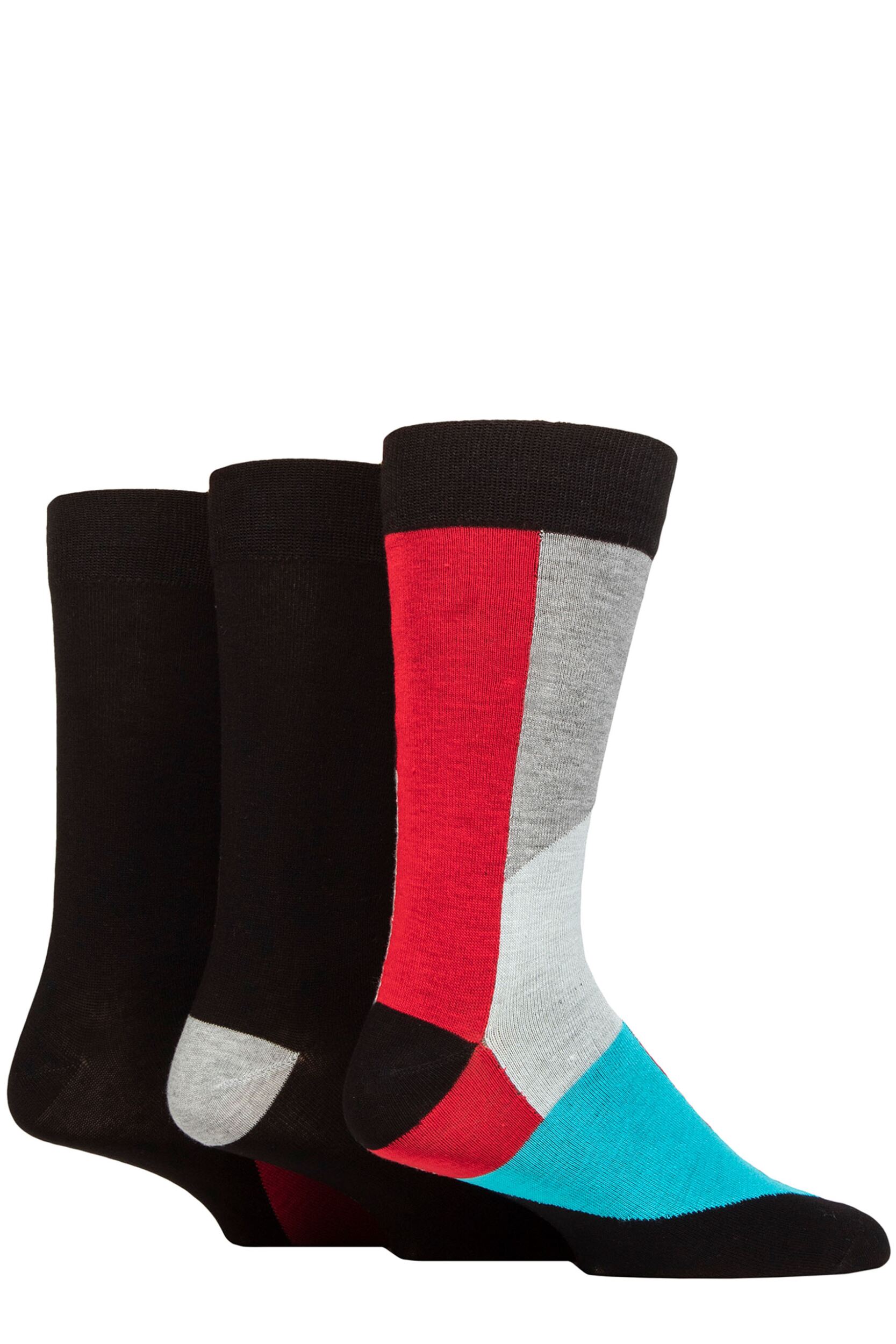 Mens 3 Pair SOCKSHOP Wildfeet Patterned Spots and Stripes Bamboo Socks Shapes Black / Red / Grey 7-11