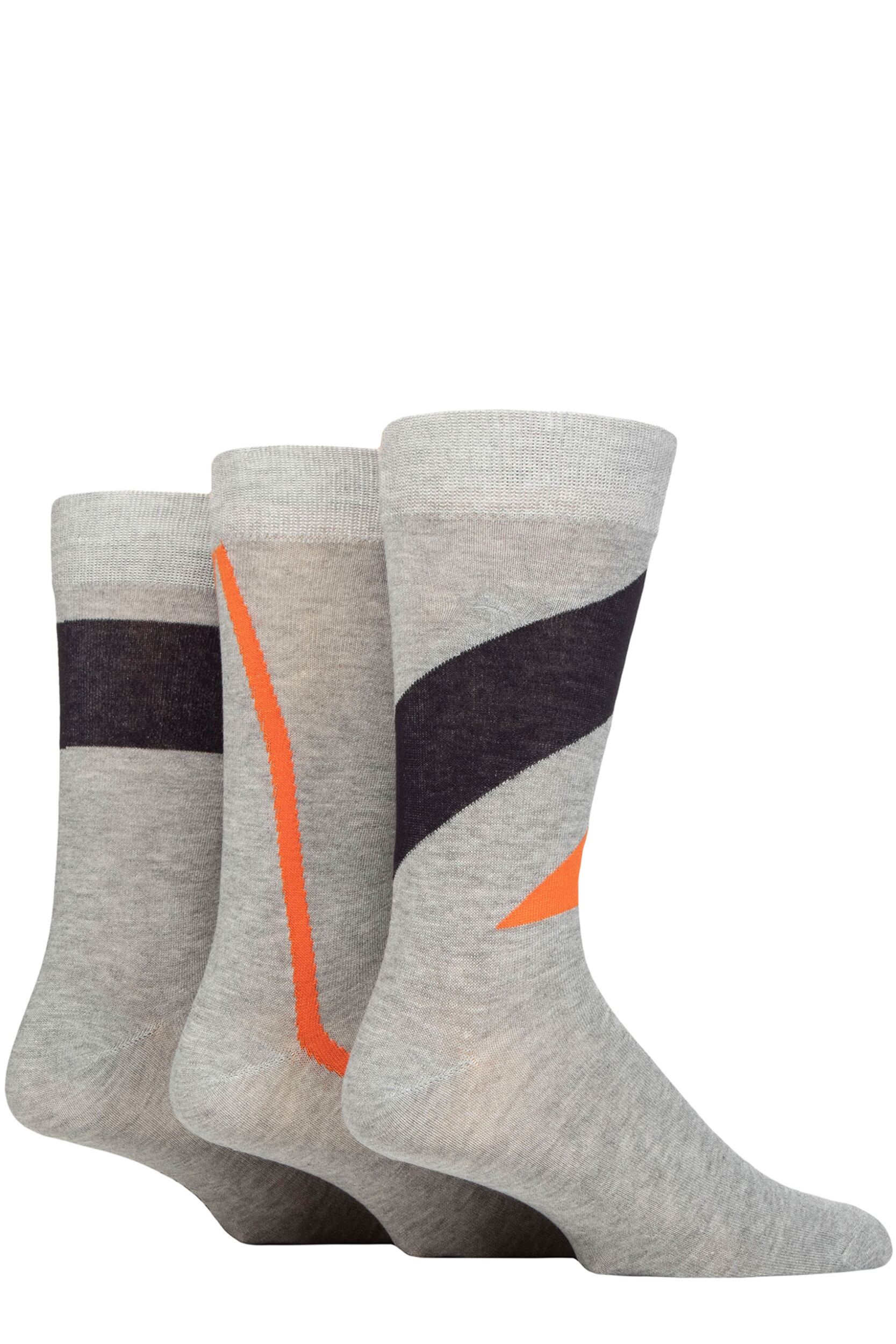 Image of Mens 3 Pair SOCKSHOP Wildfeet Patterned Spots and Stripes Bamboo Socks Shapes Grey / Navy / Orange 7-11