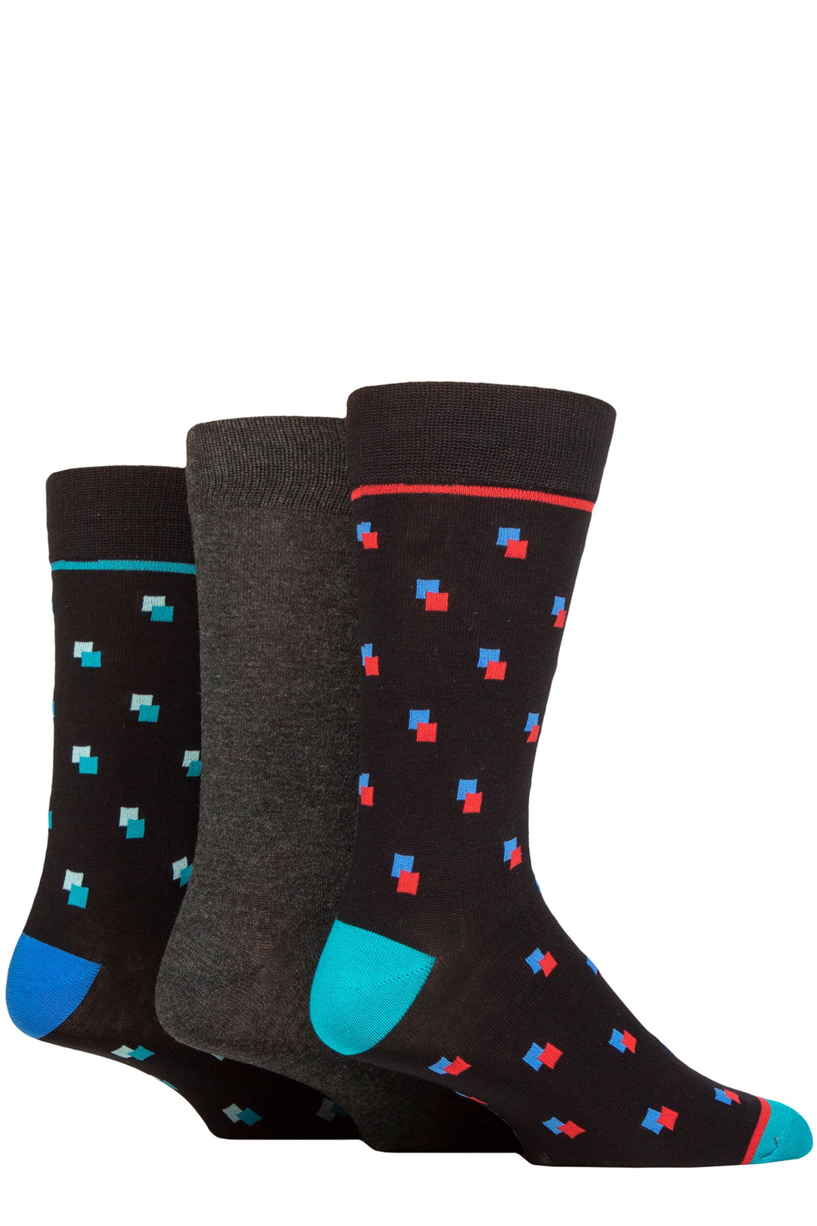 Mens 3 Pair SOCKSHOP Wildfeet Patterned Spots and Stripes Bamboo Socks Square Spots Black 7-11
