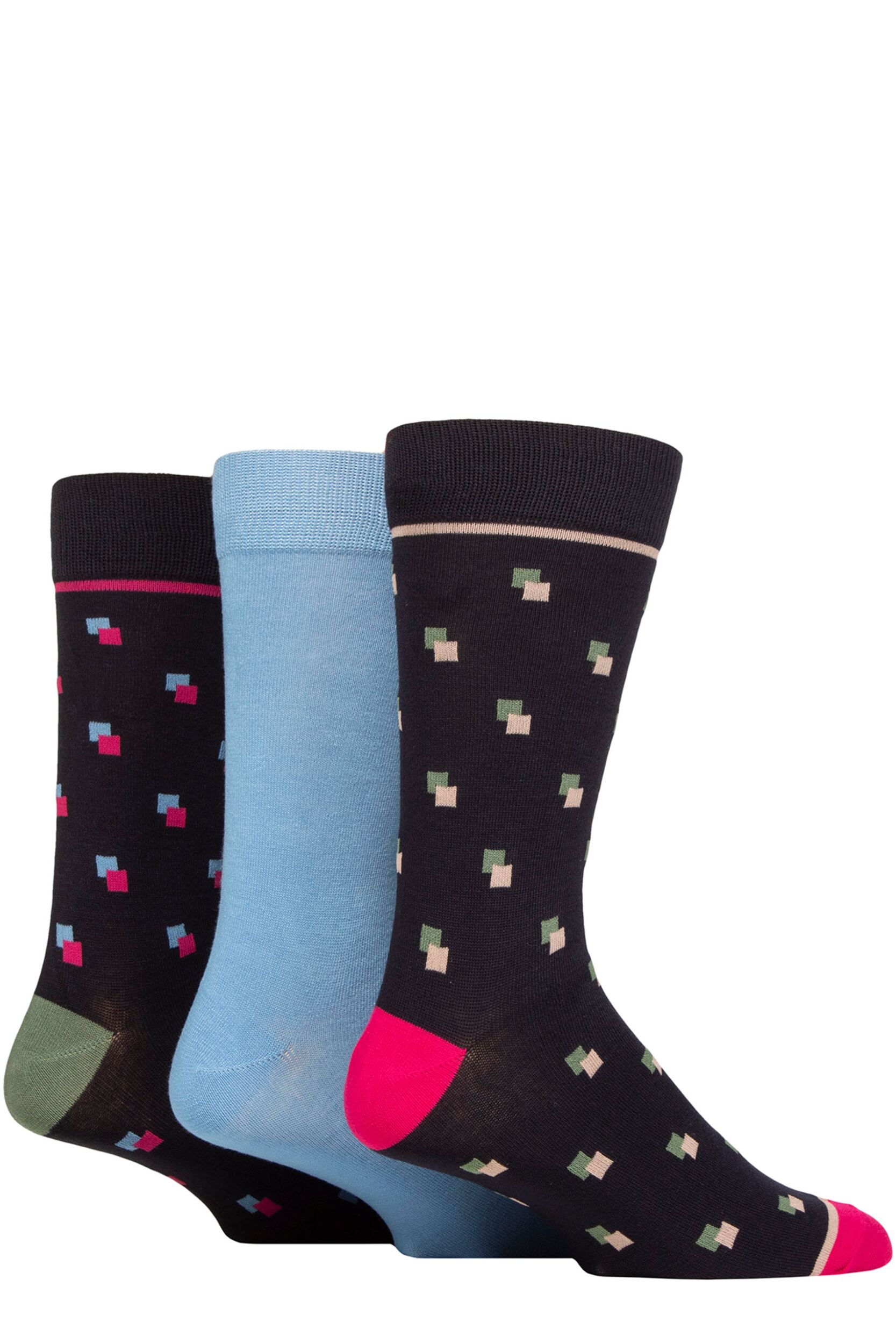 Mens 3 Pair SOCKSHOP Wildfeet Patterned Spots and Stripes Bamboo Socks Square Spots Navy  7-11