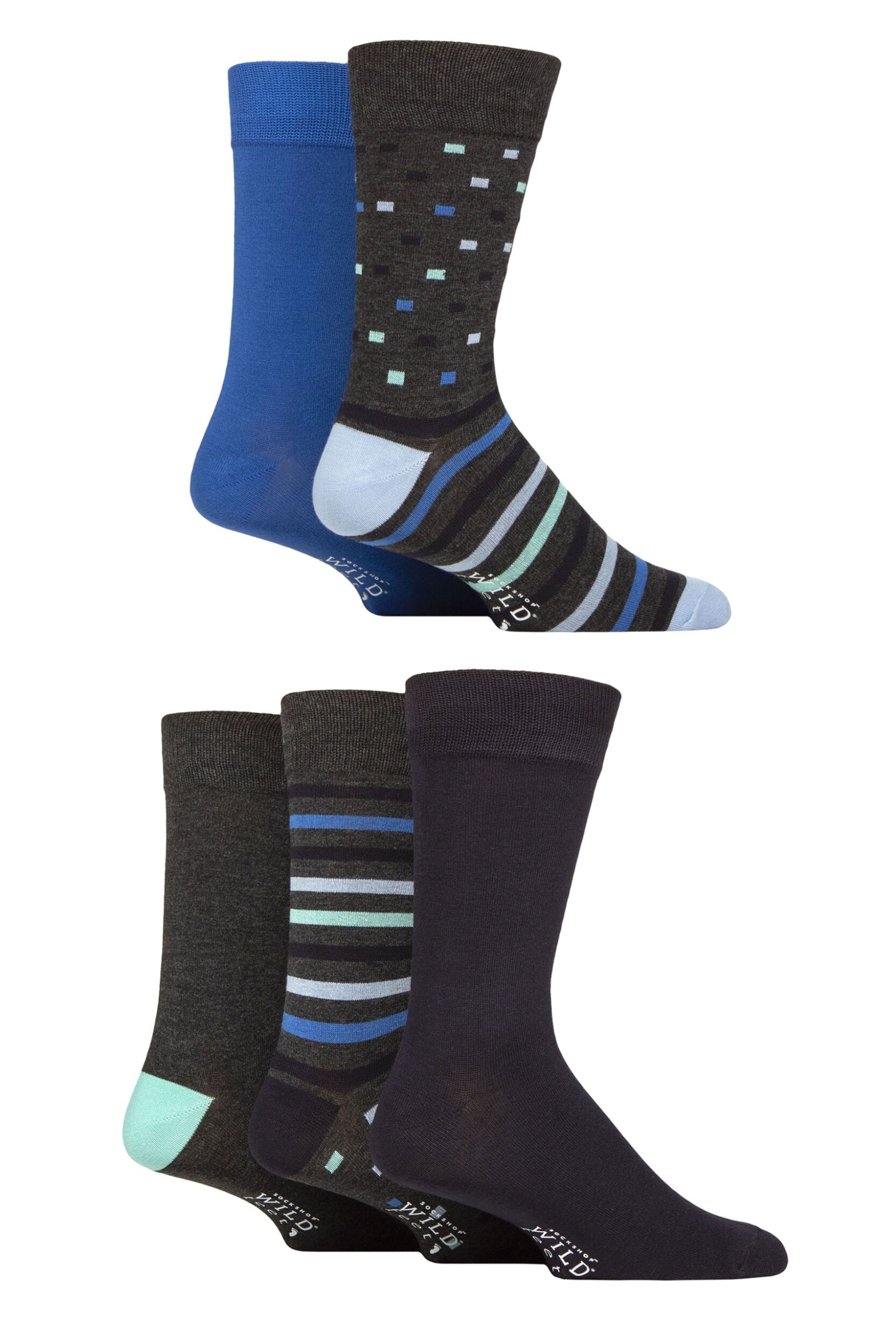 Image of Mens 5 Pair SOCKSHOP Wildfeet Bamboo Patterned Socks Spots Stripes Charcoal 7-11
