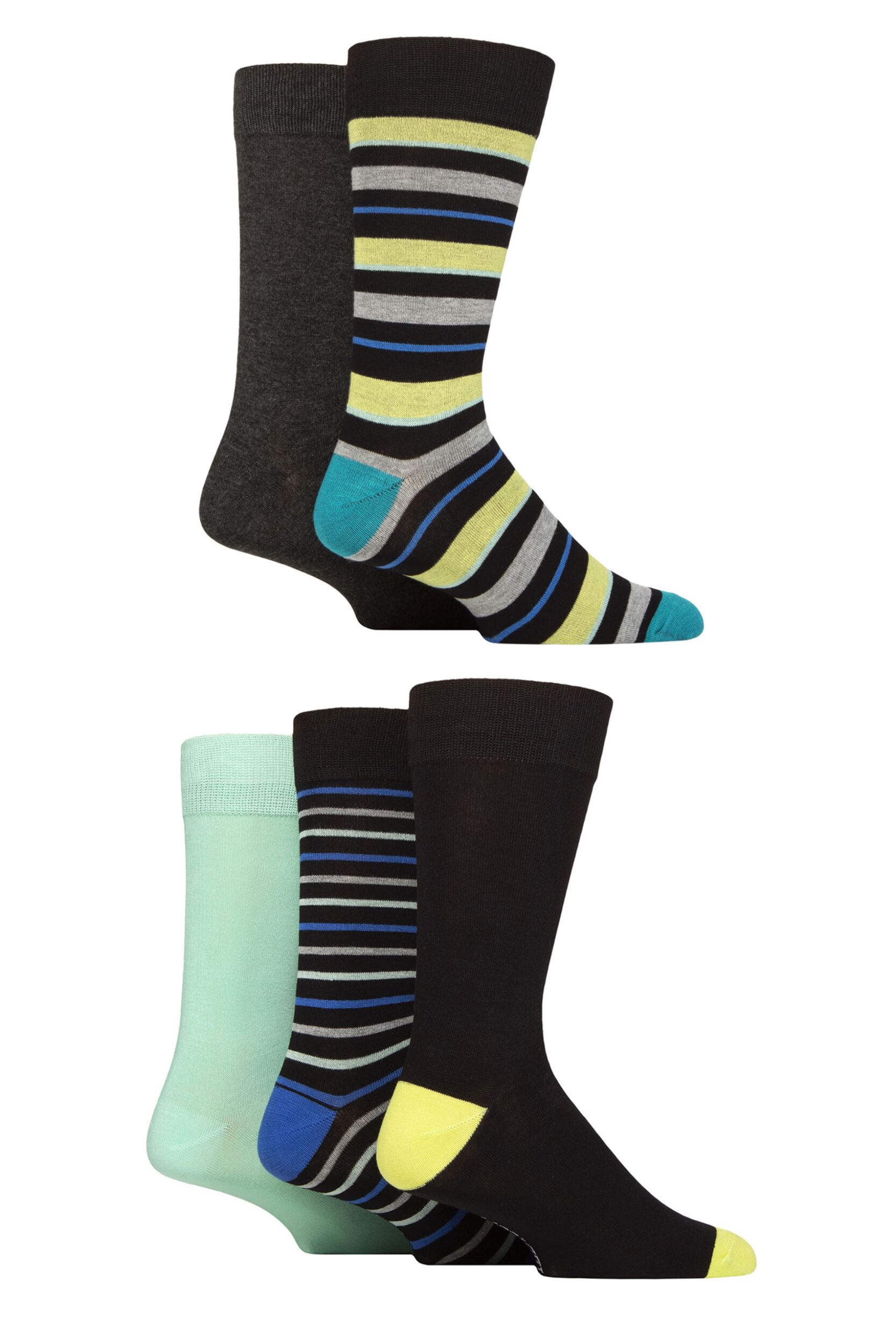 Image of Mens 5 Pair SOCKSHOP Wildfeet Bamboo Patterned Socks Striped Black / Green / Blue 7-11