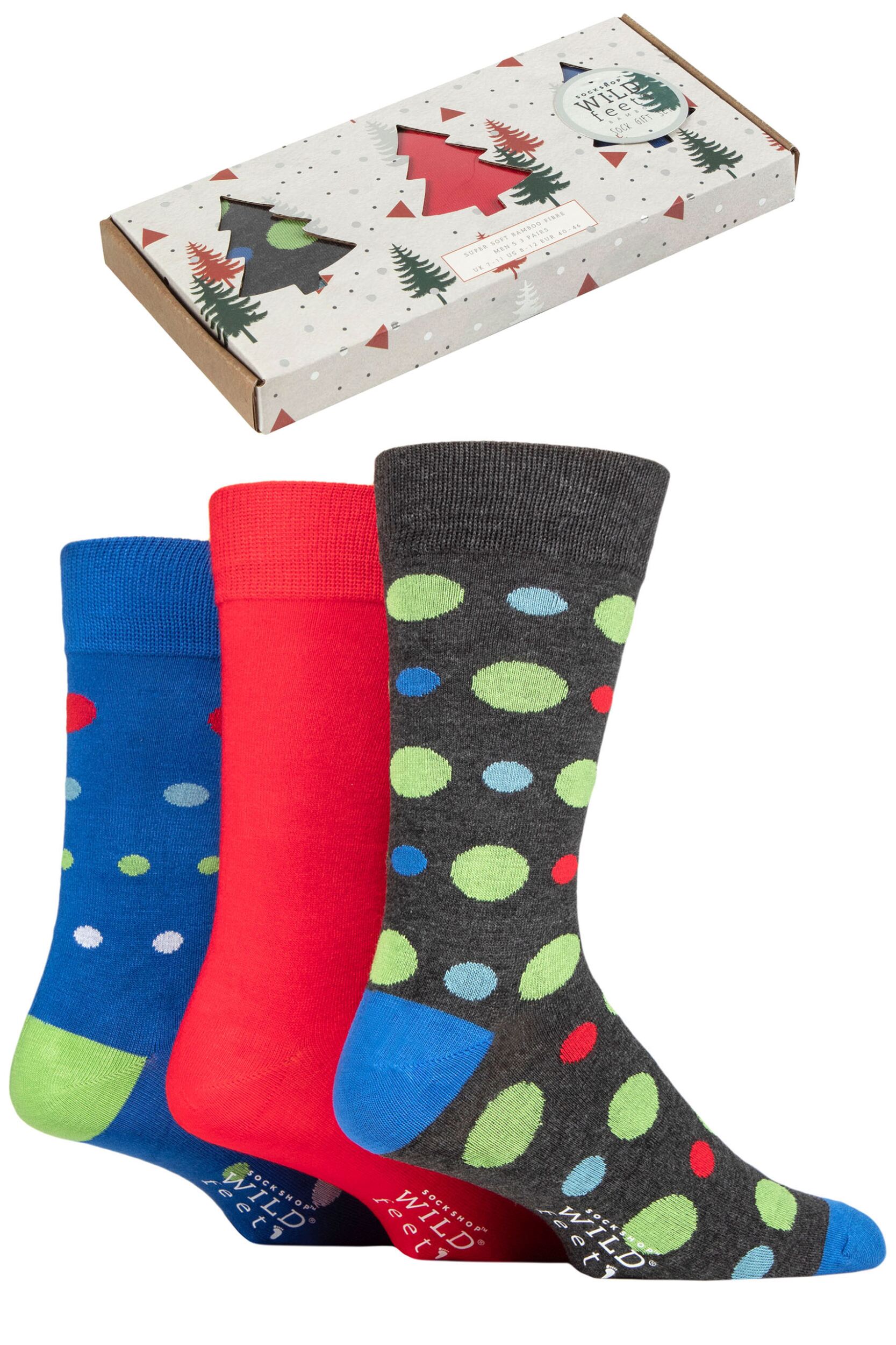 Mens 3 Pair SOCKSHOP Wildfeet Tree Gift Boxed Bamboo Socks Charcoal / Red / Blue 7-11 Mens