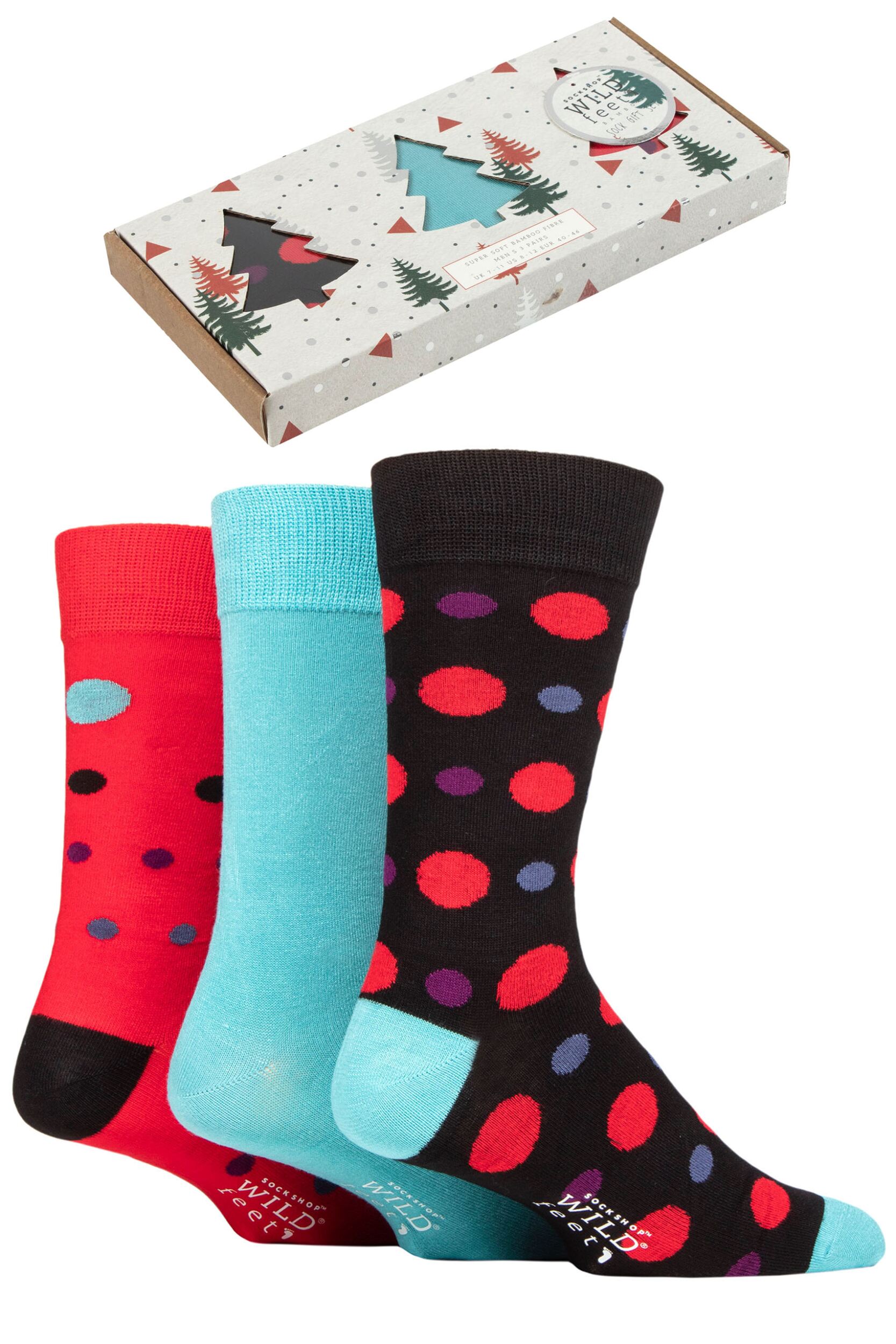 Mens 3 Pair SOCKSHOP Wildfeet Tree Gift Boxed Bamboo Socks Black / Green / Red 7-11 Mens