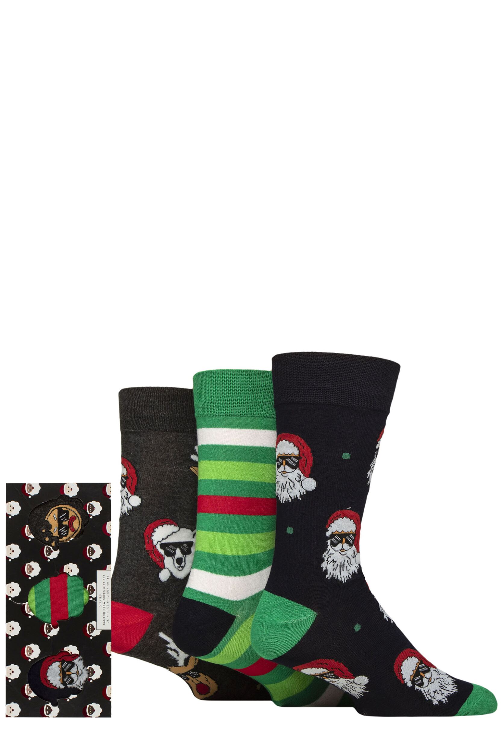 Mens 3 Pair SOCKSHOP Wildfeet Bamboo Christmas Socks in Santa Patterned Gift Box Santa in Glasses 7-11 Mens