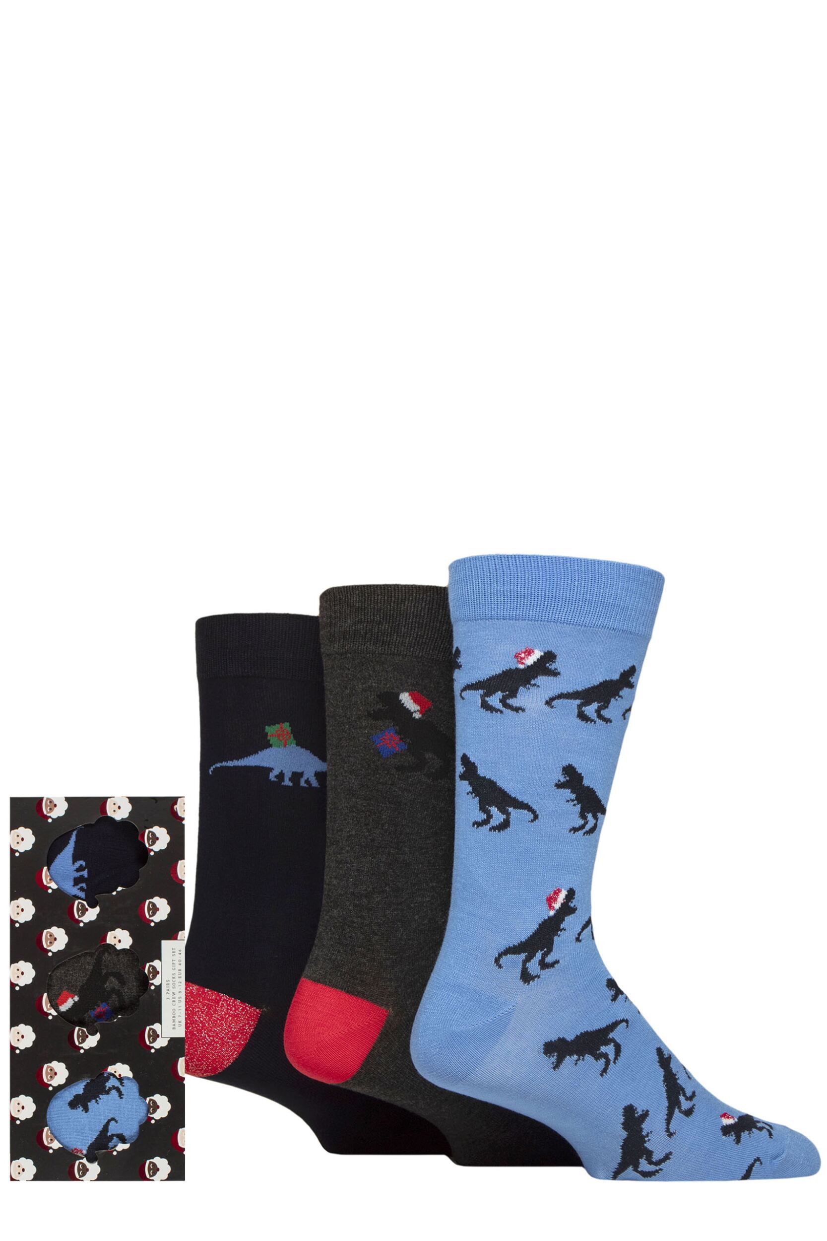 Mens 3 Pair SOCKSHOP Wildfeet Bamboo Christmas Socks in Santa Patterned Gift Box Dino in Xmas Hat 7-11 Mens