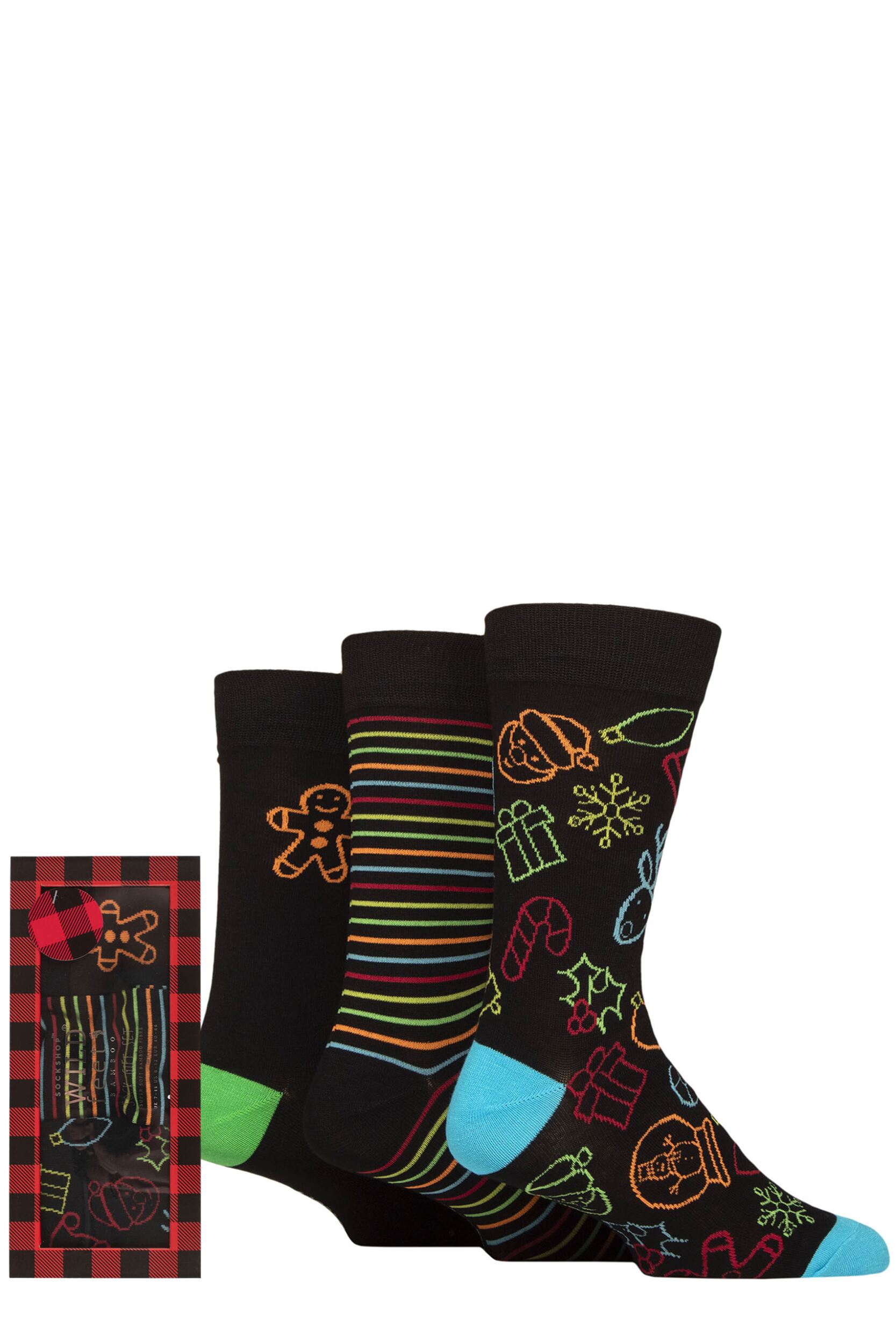 Mens 3 Pair SOCKSHOP Wildfeet Bamboo Christmas Socks in Red Check Gift Box Xmas Icons 7-11 Mens