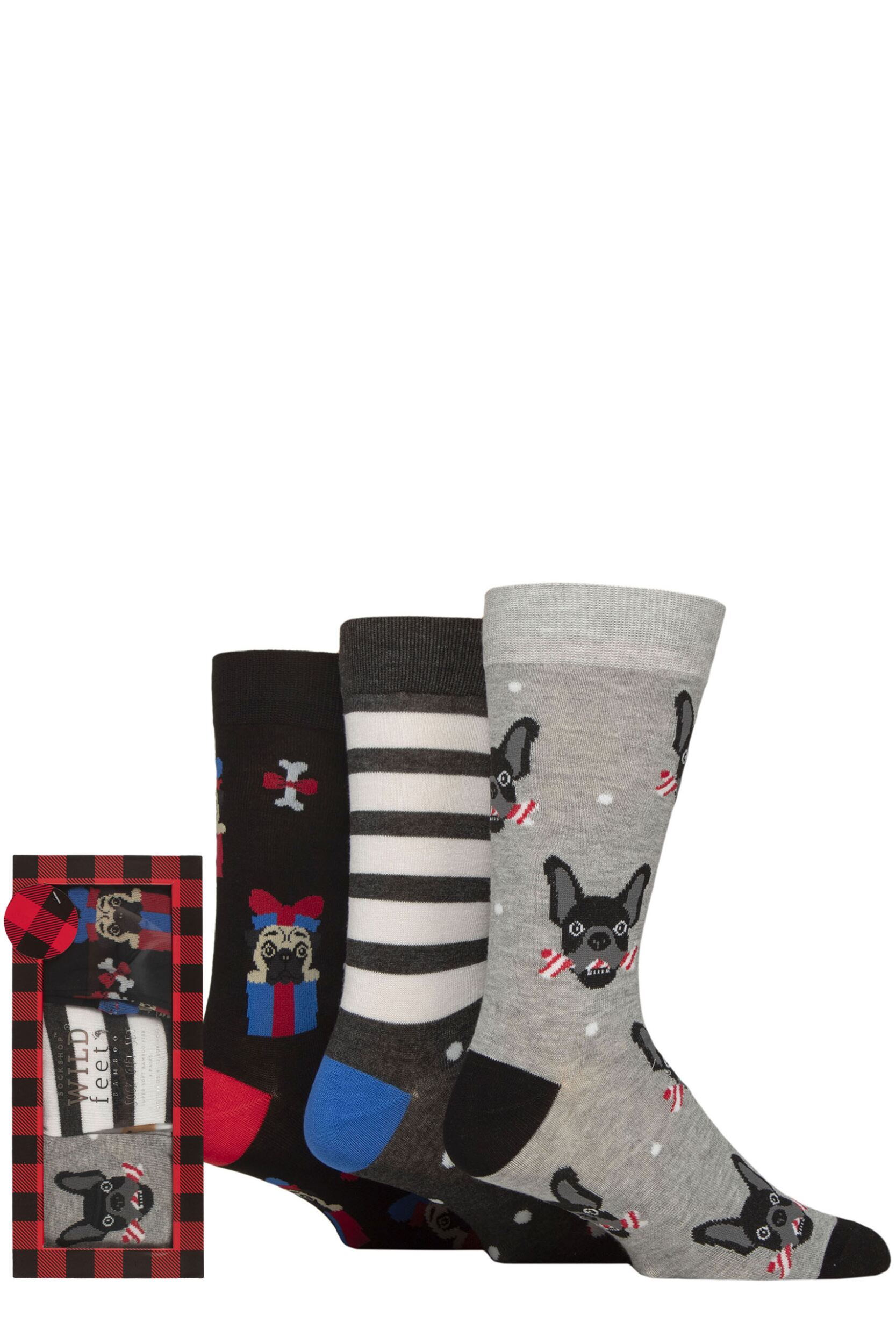 Mens 3 Pair SOCKSHOP Wildfeet Bamboo Christmas Socks in Red Check Gift Box Dog Xmas Cracker 7-11 Mens