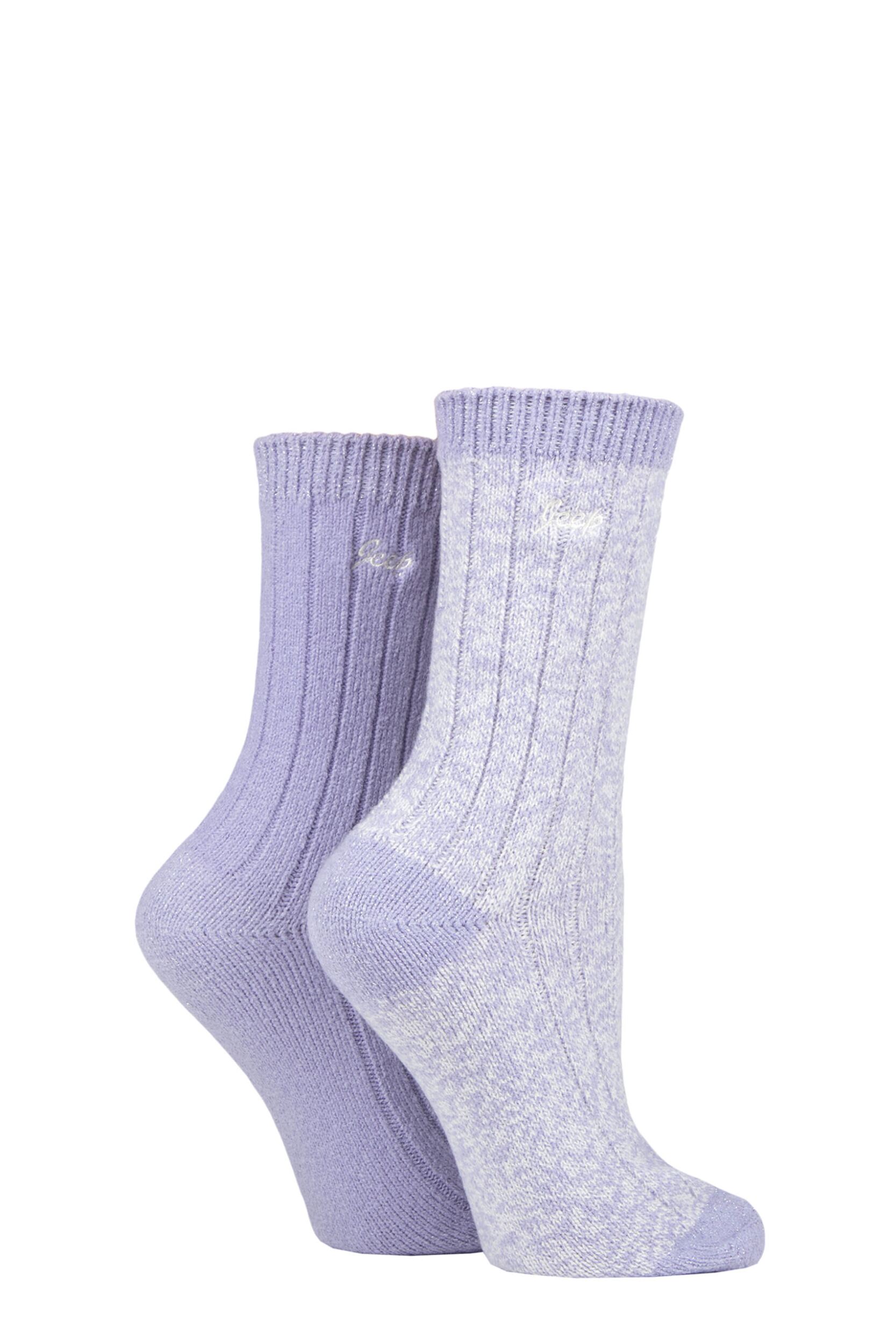 Women's 2 Pair Jeep Super Soft Ribbed Boot Socks Lilac / Cream 4-8 Ladies