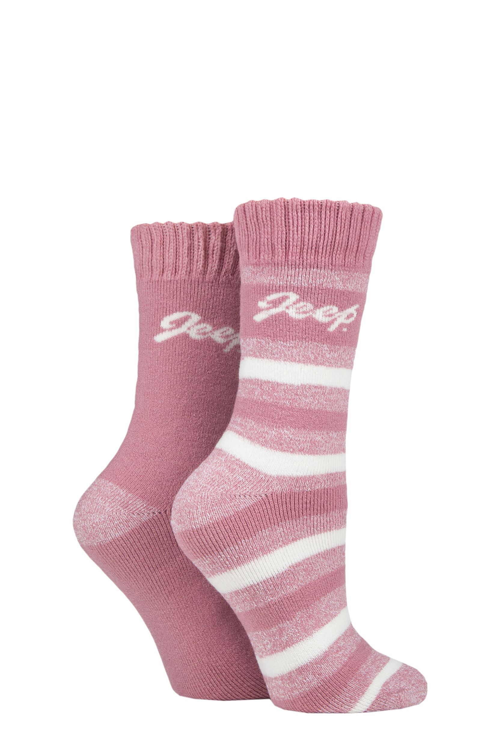 Women's 2 Pair Jeep Cushioned Brushed Thermal Boot Socks Rose / Cream 4-8 Ladies
