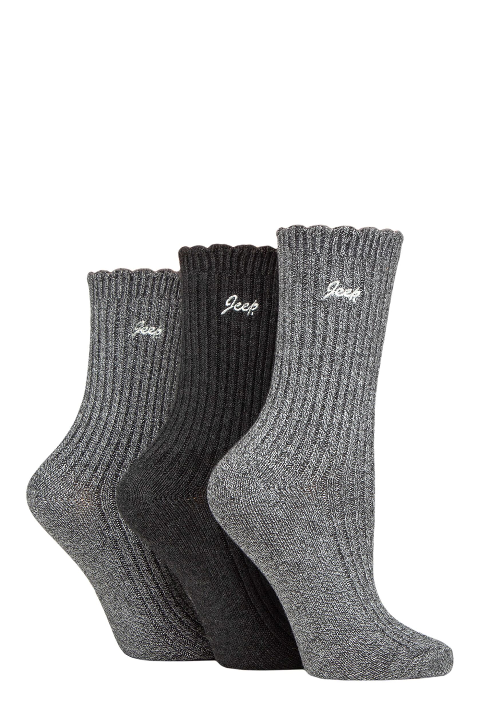 Women's 3 Pair Jeep Bamboo Scalloped Top Socks Black / Charcoal 4-8 Ladies
