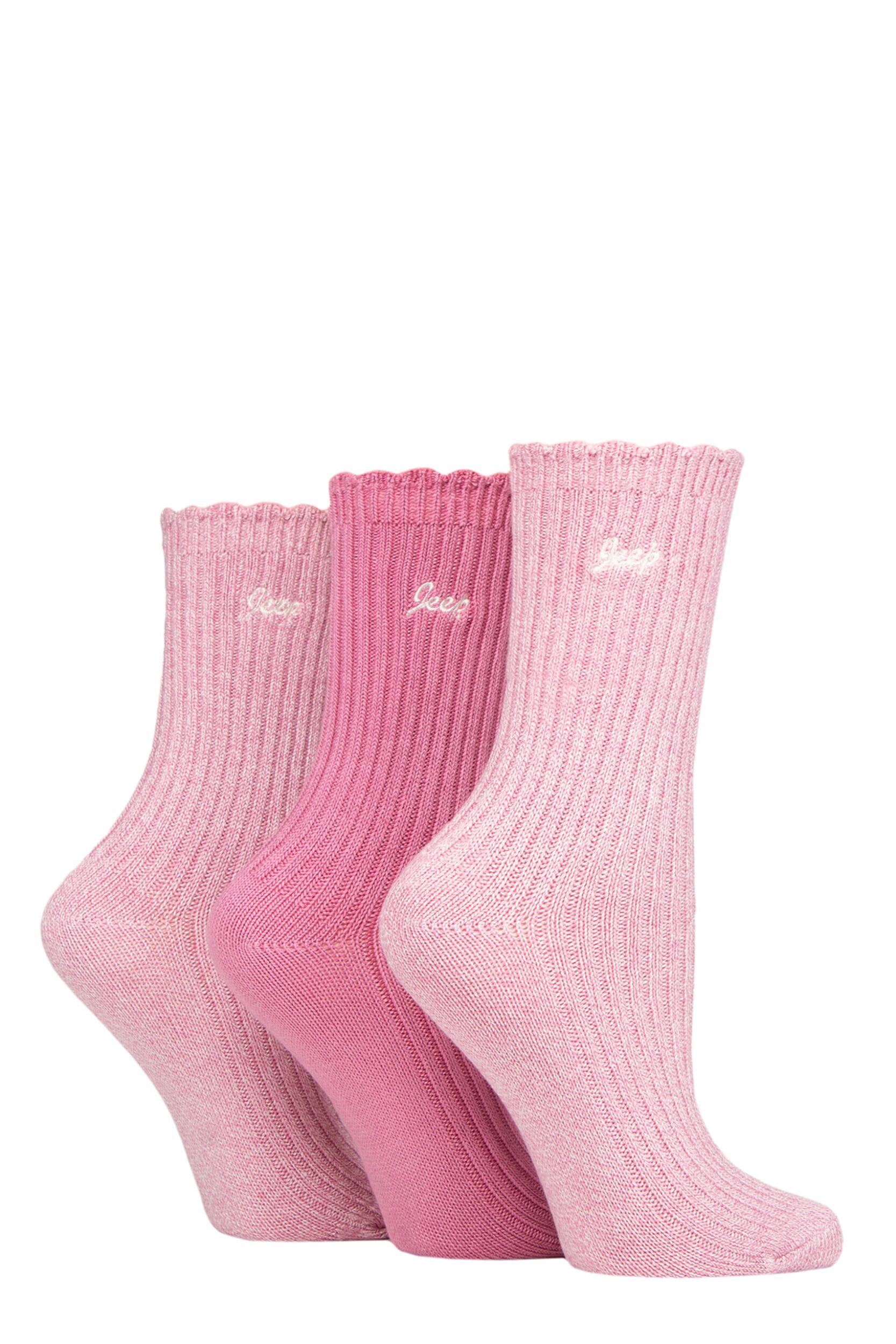Women's 3 Pair Jeep Bamboo Scalloped Top Socks Cerise / Cream 4-8 Ladies