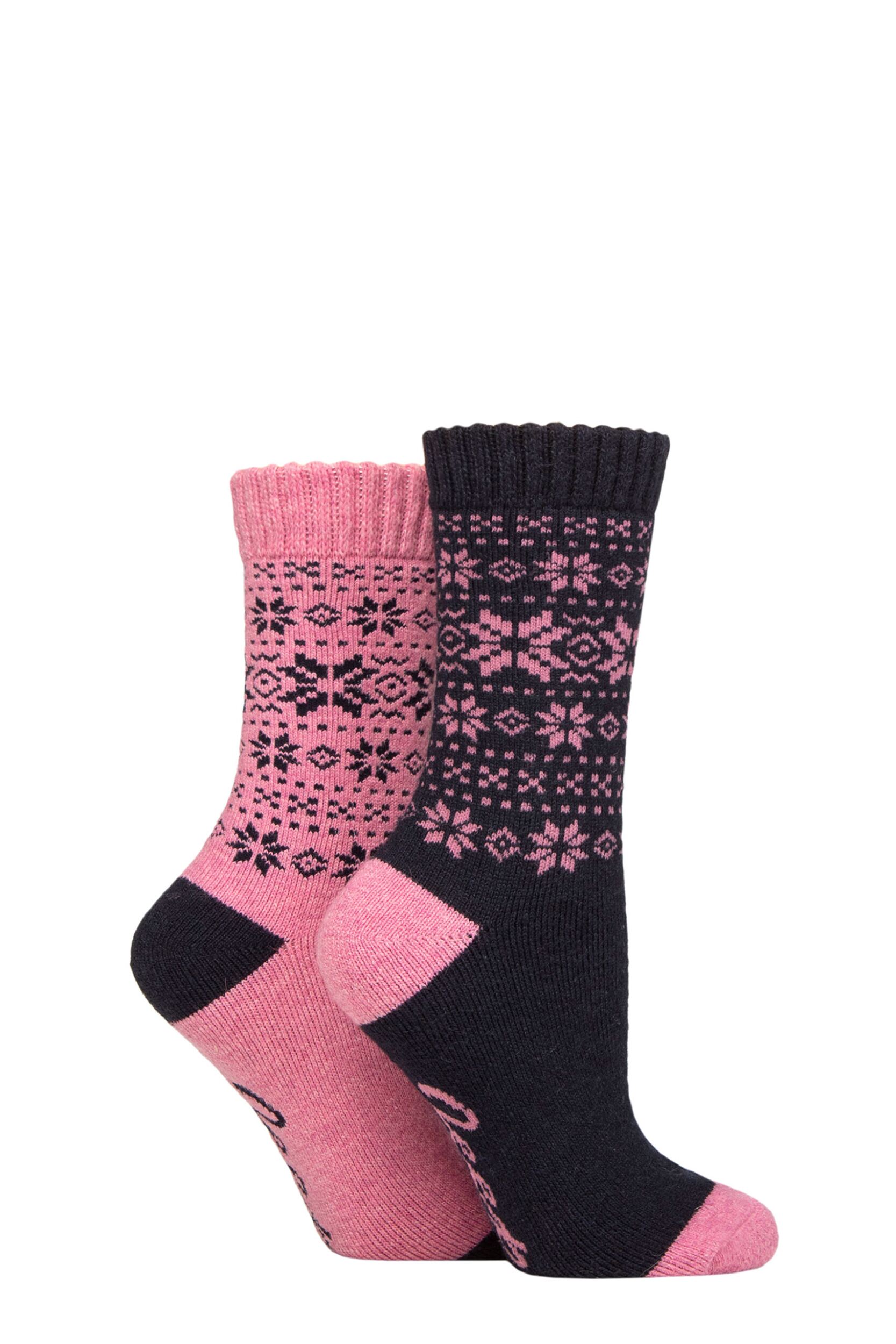 Women's 2 Pair Jeep Wool Blend Thermal Performance Boot Socks Navy / Rose 4-8