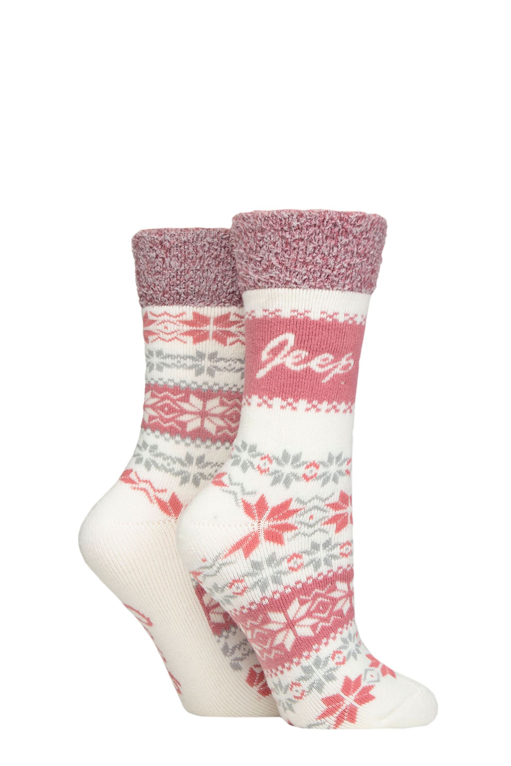 Women's 2 Pair Jeep Fairisle Thermal Soft Top Boot Socks Cream / Rose 4-8