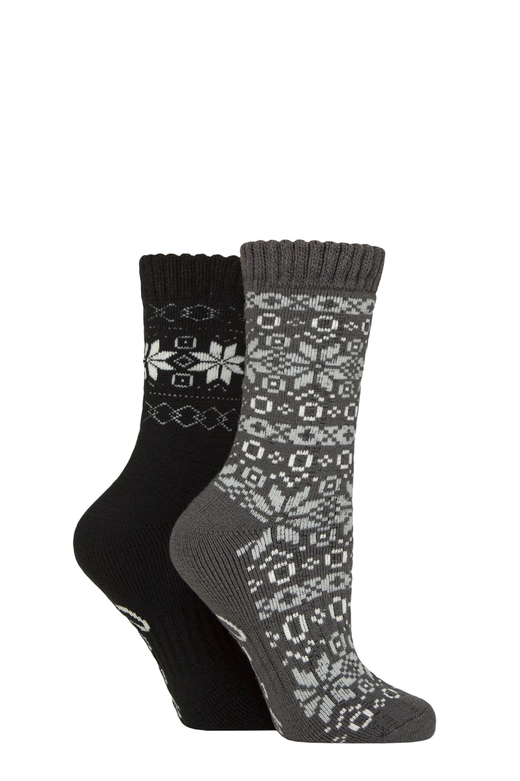Women's 2 Pair Jeep Fairisle Brushed Thermal Boot Socks Black / Charcoal 4-8