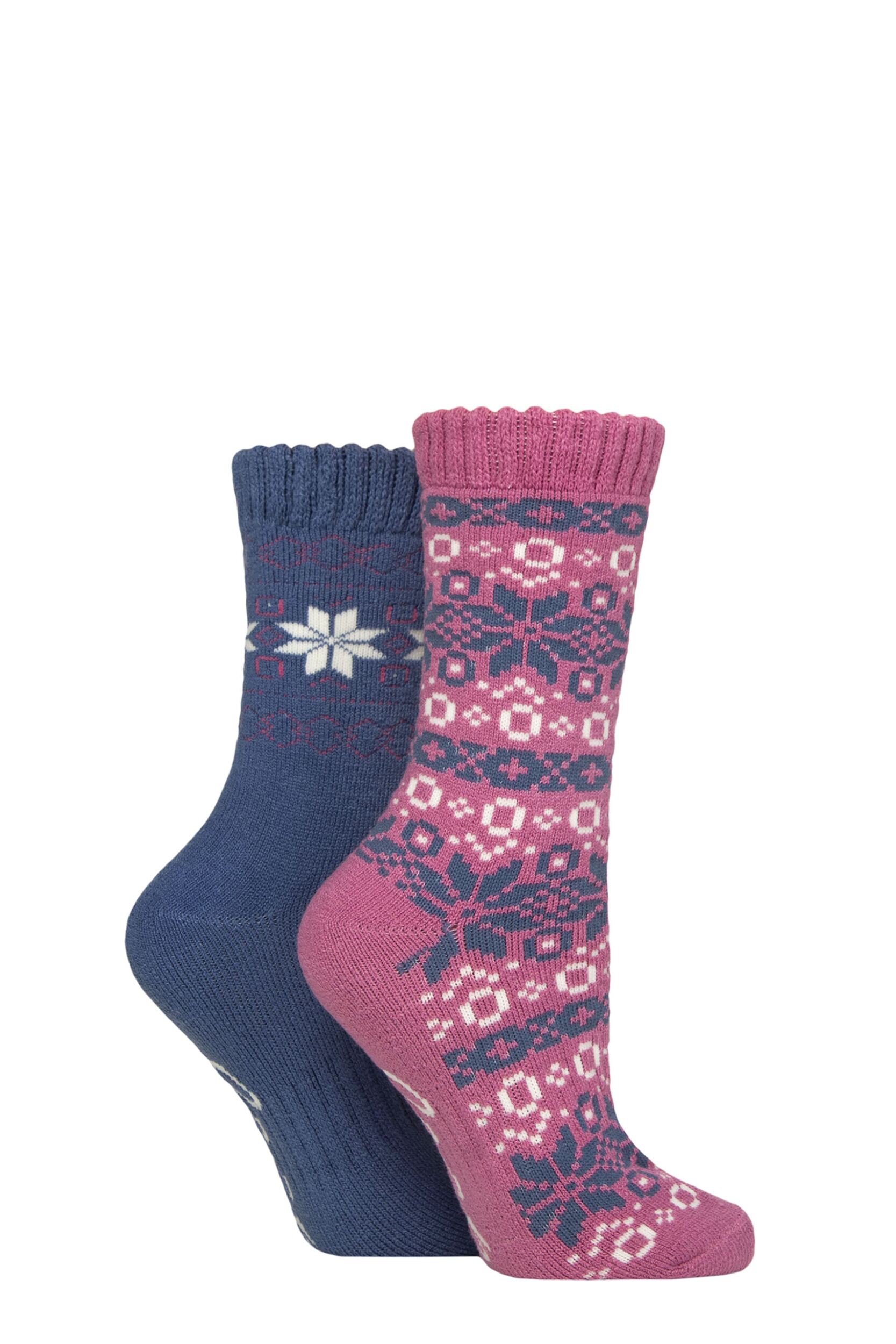 Women's 2 Pair Jeep Fairisle Brushed Thermal Boot Socks Rose / Blue 4-8