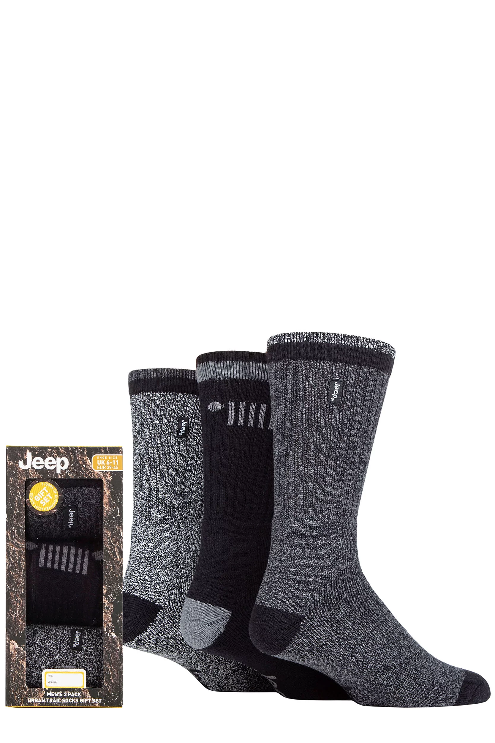 Mens 3 Pair Jeep Terrain Leisure Socks Gift Box Black 2 6-11 Mens