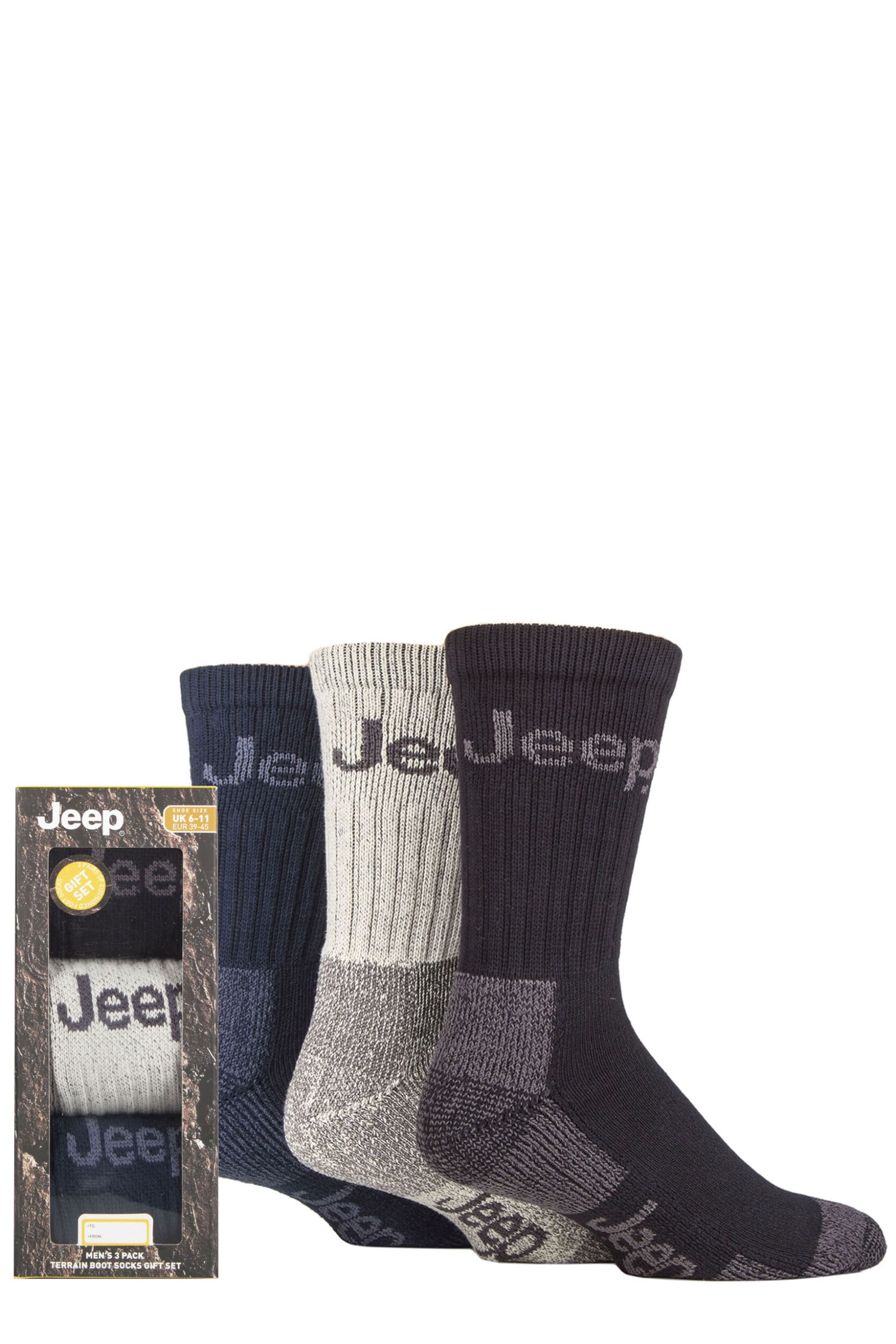 Mens 3 Pair Jeep Luxury Terrain Socks Gift Box Black / Ecru / Navy 6-11 Mens