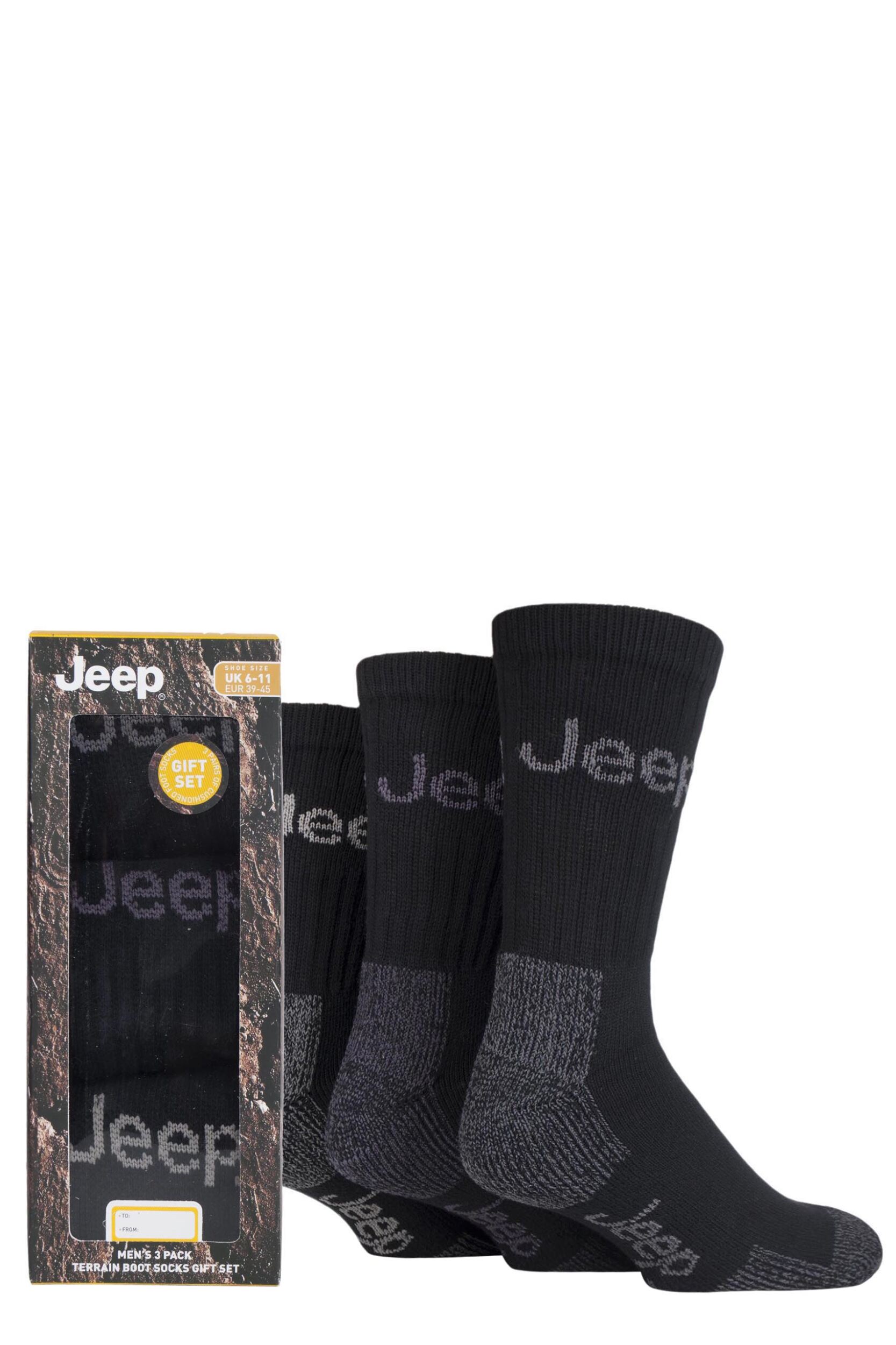 Mens 3 Pair Jeep Luxury Terrain Socks Gift Box Black 6-11 Mens