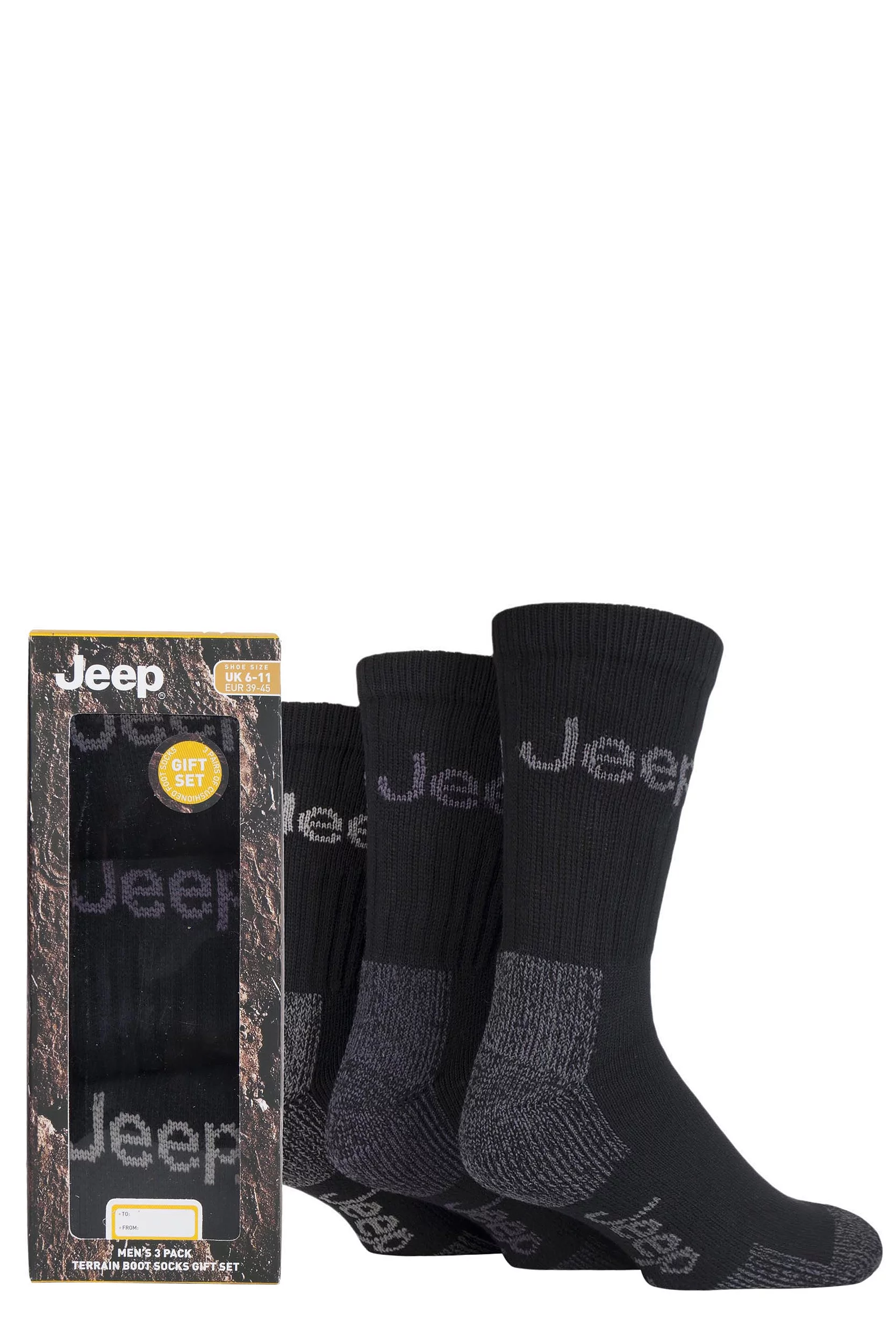 Mens 3 Pair Jeep Luxury Terrain Socks Gift Box Black 6-11 Mens