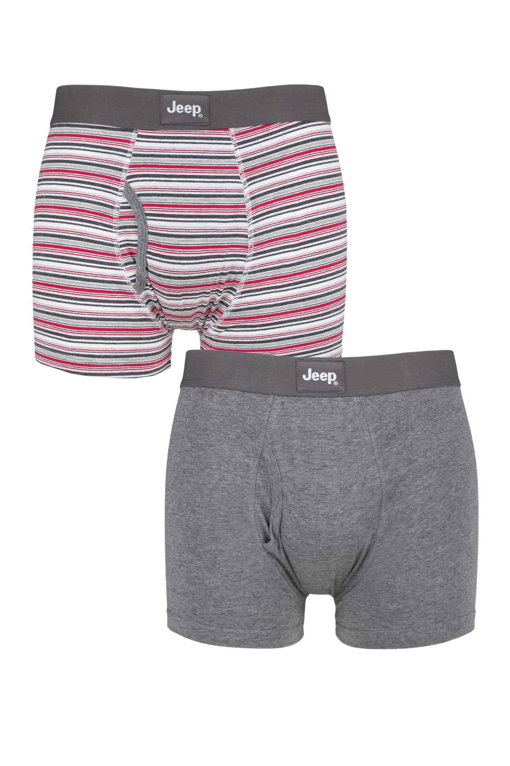 Mens 2 Pack Jeep Tonal Stripe and Plain Keyhole  Hipster Trunks Charcoal / Red Medium