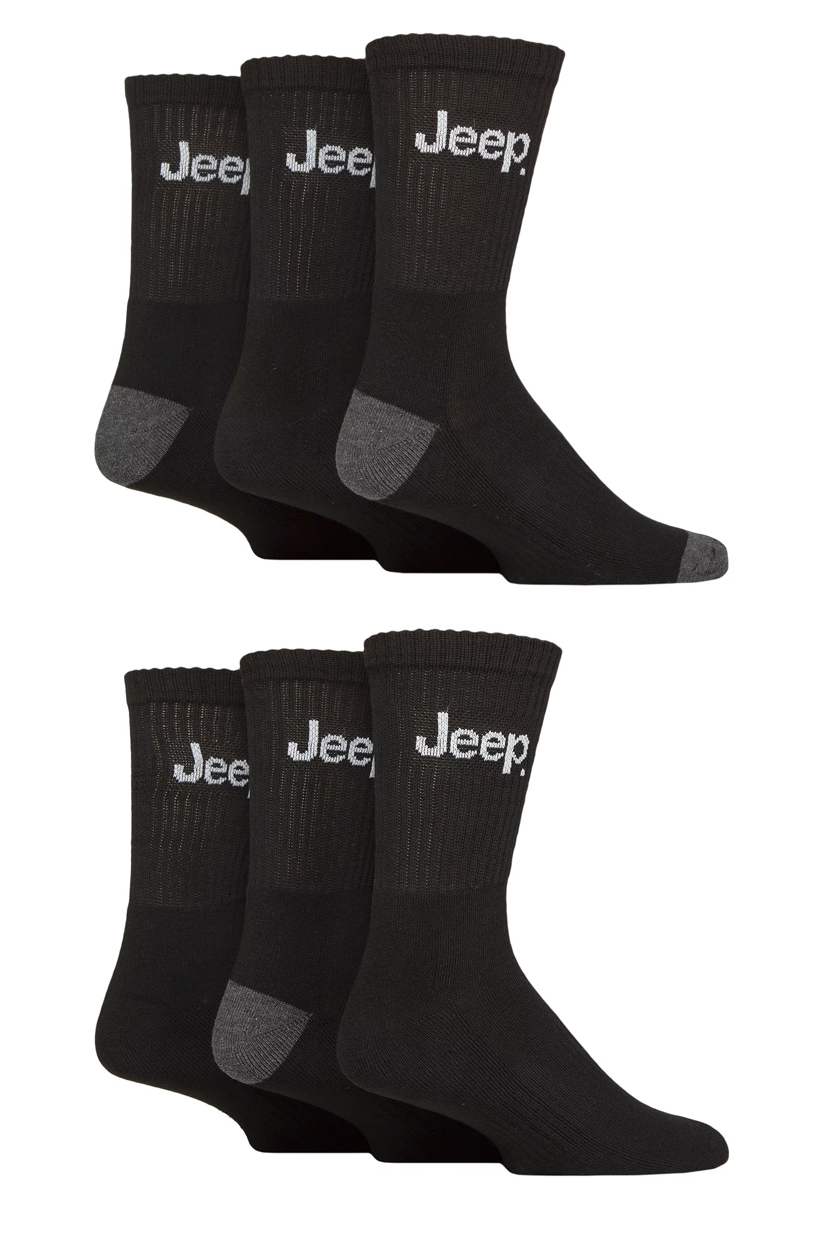 Mens 6 Pair Jeep Cushioned Performance Crew Sports Socks Black 6
