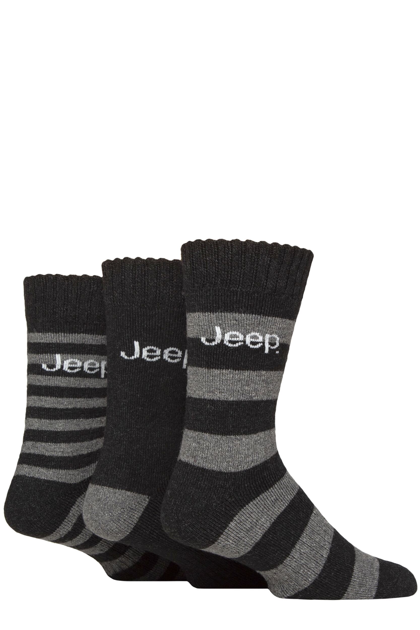 Mens 3 Pair Jeep Striped Wool Blend Thermal Boot Socks Black / Charcoal 6-11